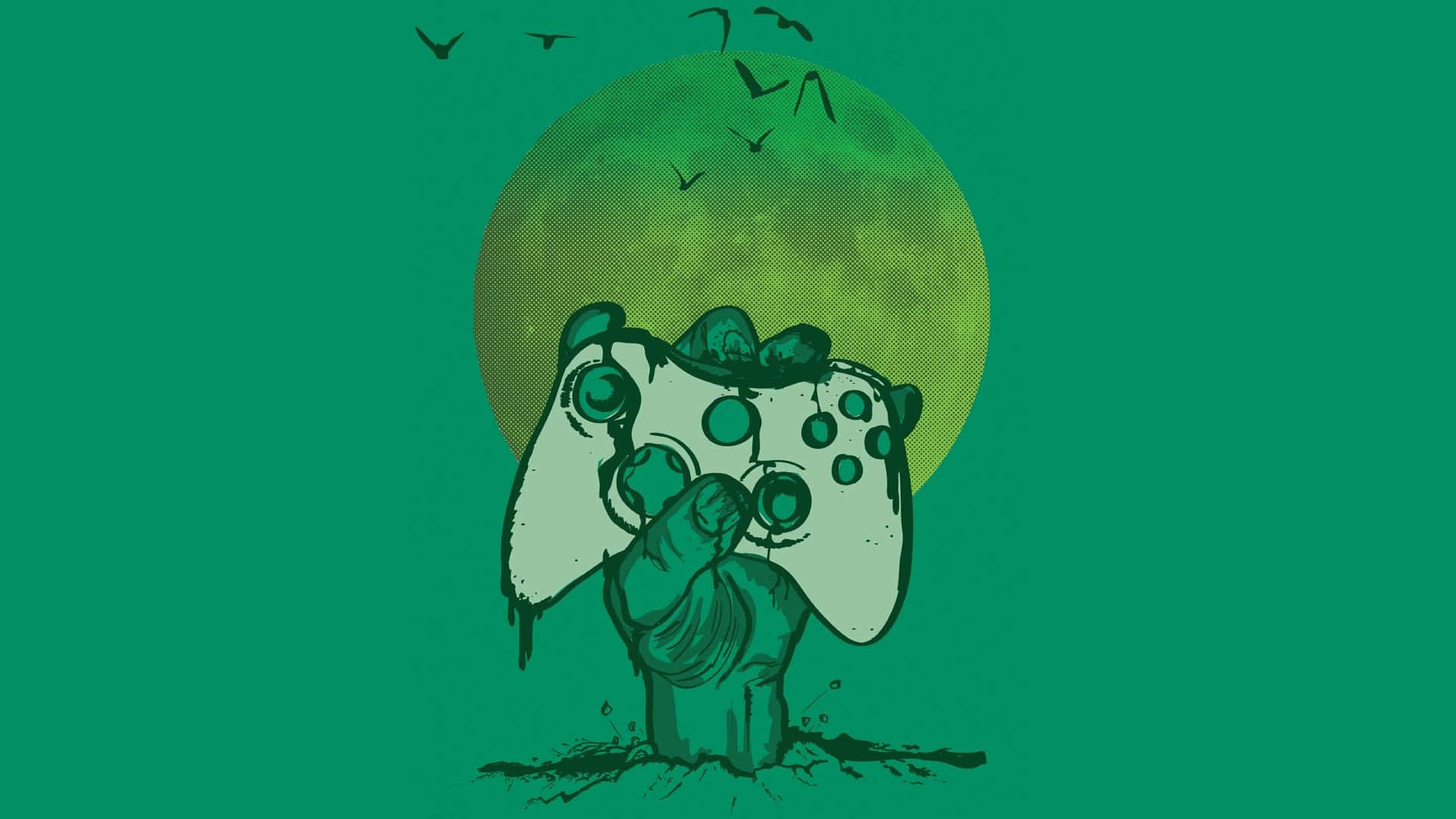 Xbox 桌布 壁紙 — 一隻手從地面伸出，緊握遊戲控制器，背景是綠色月亮，鳥兒在頭頂飛翔。