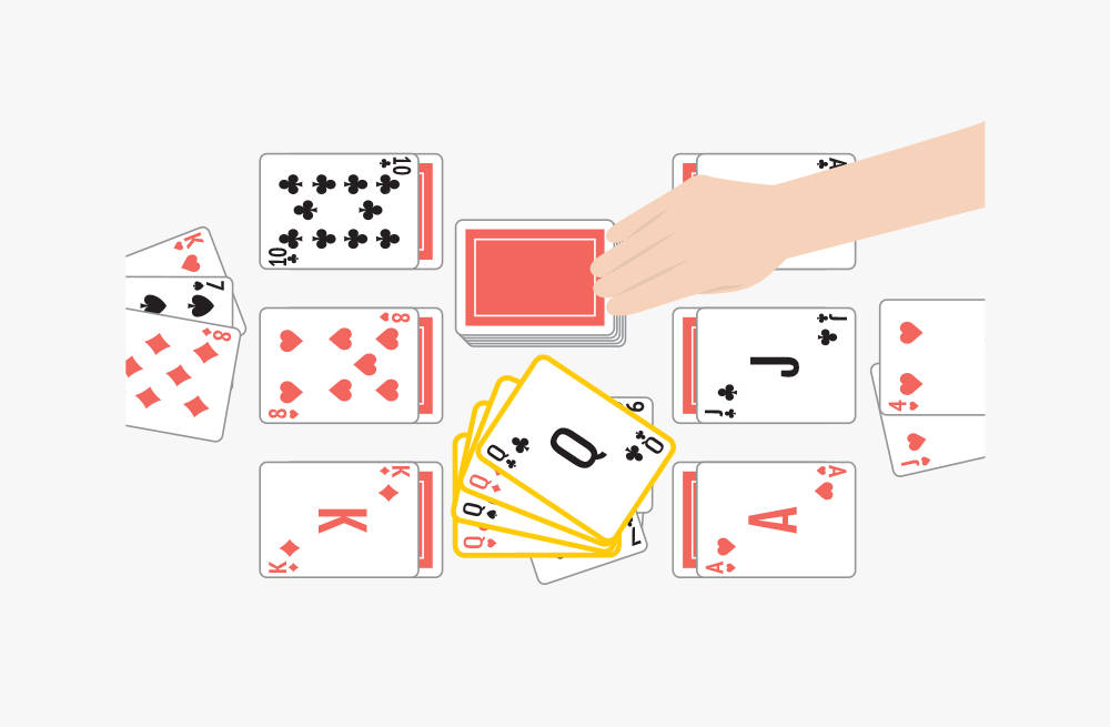 Playing Cards 桌布 壁紙 — 一隻手從紅色牌疊中發牌，周圍散落著面朝上的牌，背景簡潔。
