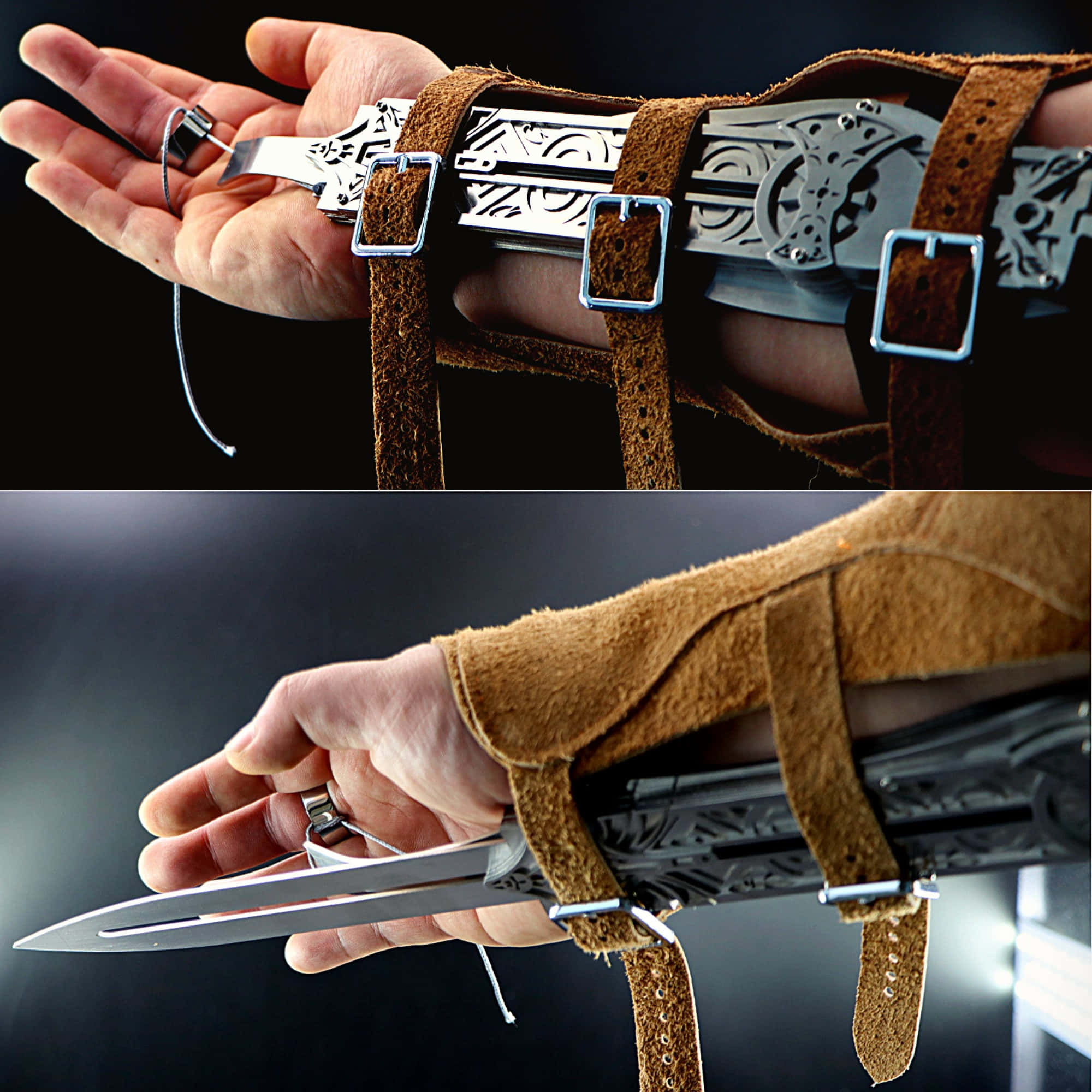 Assassin's Creed Hidden Blades 桌布 壁紙 — 一隻手戴著華麗的皮革護腕，帶有可伸縮刀片機制，背景為深色。