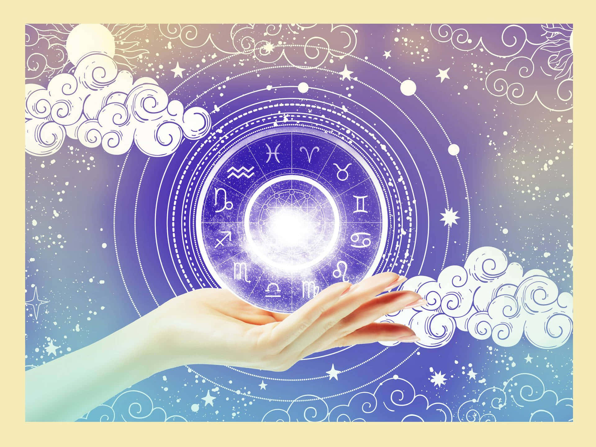 astrology 桌布 壁紙 — 一隻手托住一個發光的星座輪，背景是帶有漩渦雲層的星空紫色天空。