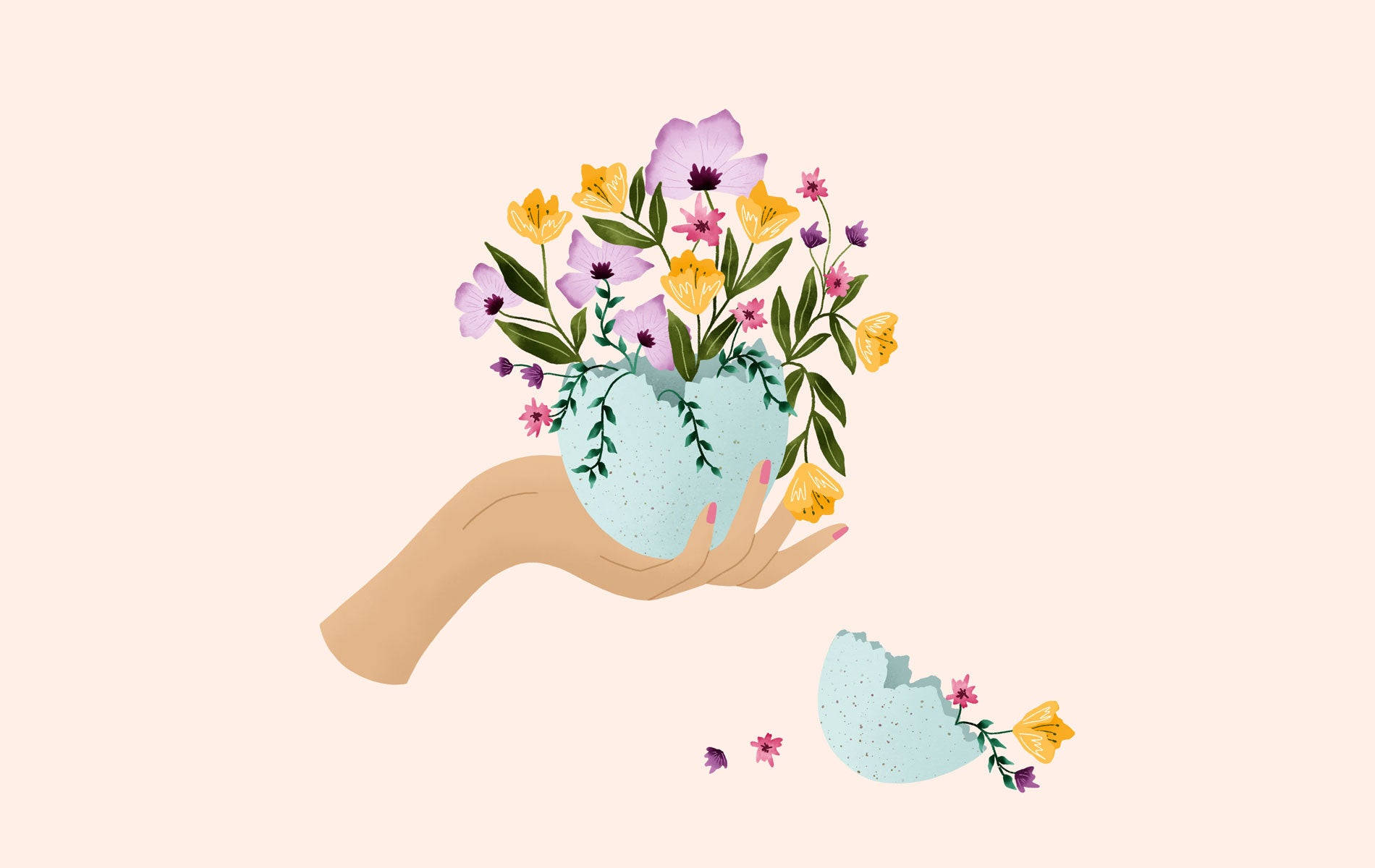 Minimalist Flower Computer 桌布 壁紙 — 一隻手托著一個裂開的蛋殼，蛋殼中綻放著色彩繽紛的花朵，背景是柔和的米色。