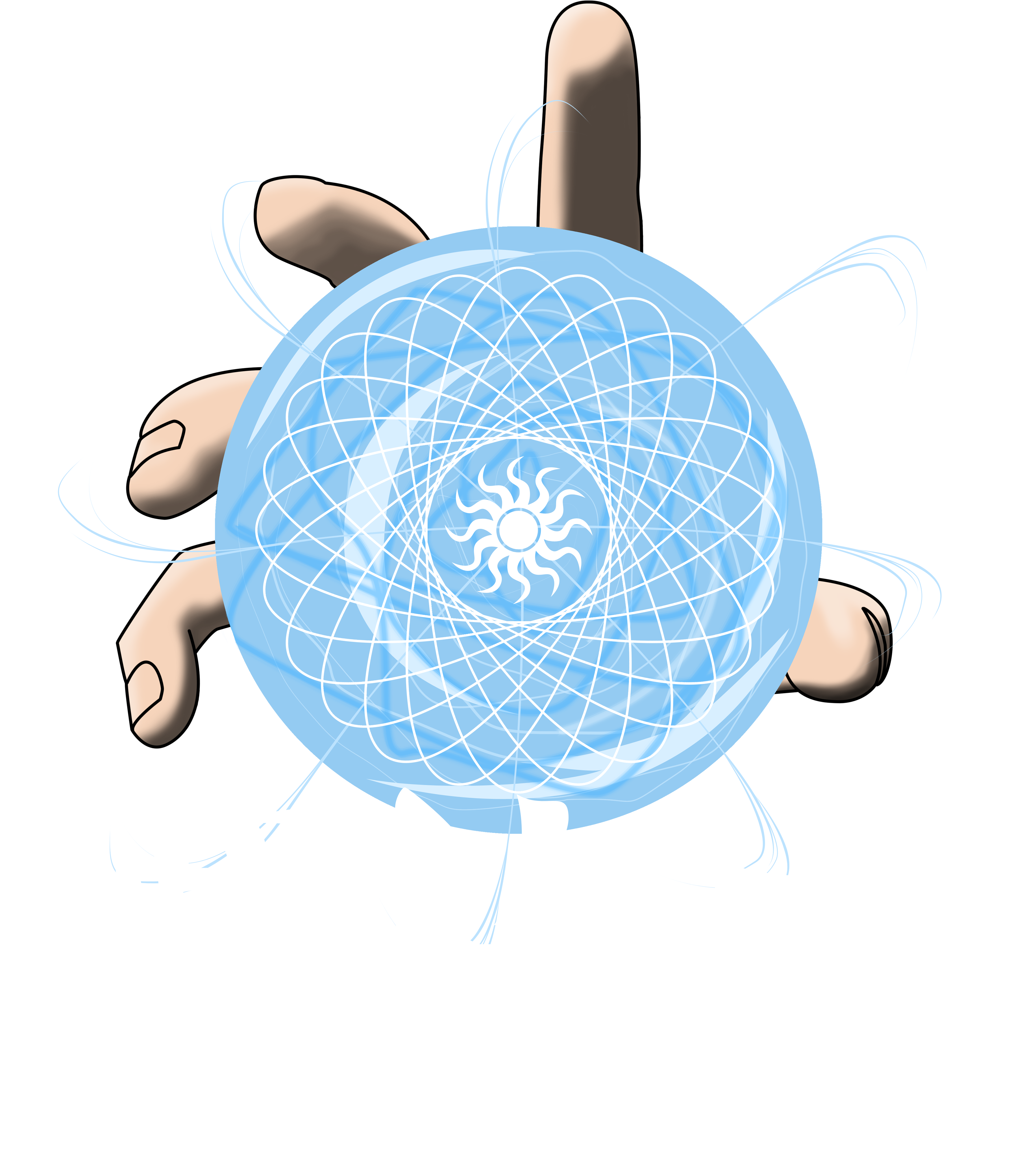 螺旋丸 桌布 壁紙 — 一隻手抓住一個發光的藍色球體，帶有複雜的白色螺旋圖案和太陽光中心，背景為黑色。