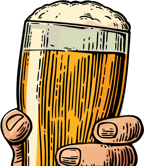 Beer Free 桌布 壁紙 — 一隻手抓住一個高身金色啤酒杯，上面有白色泡沫，以粗線條卡通風格呈現。