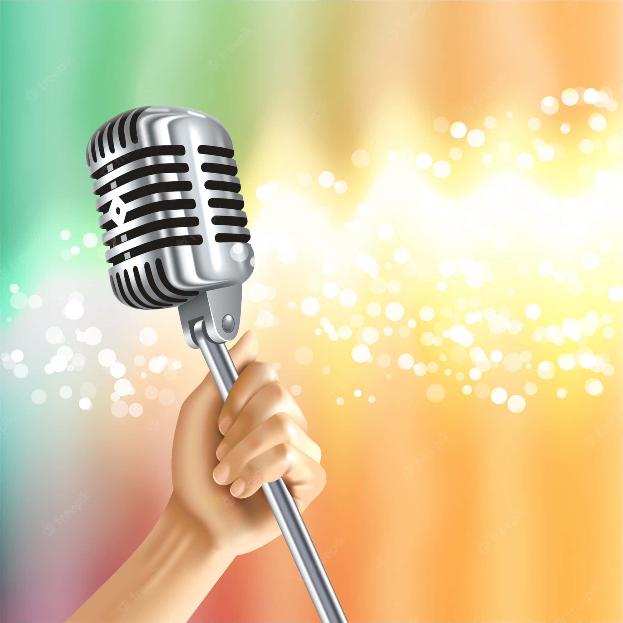 Karaoke 桌布 壁紙 — 一隻手抓住一支復古銀色麥克風，背景是發光的漸變色調和閃爍的散景燈光。
