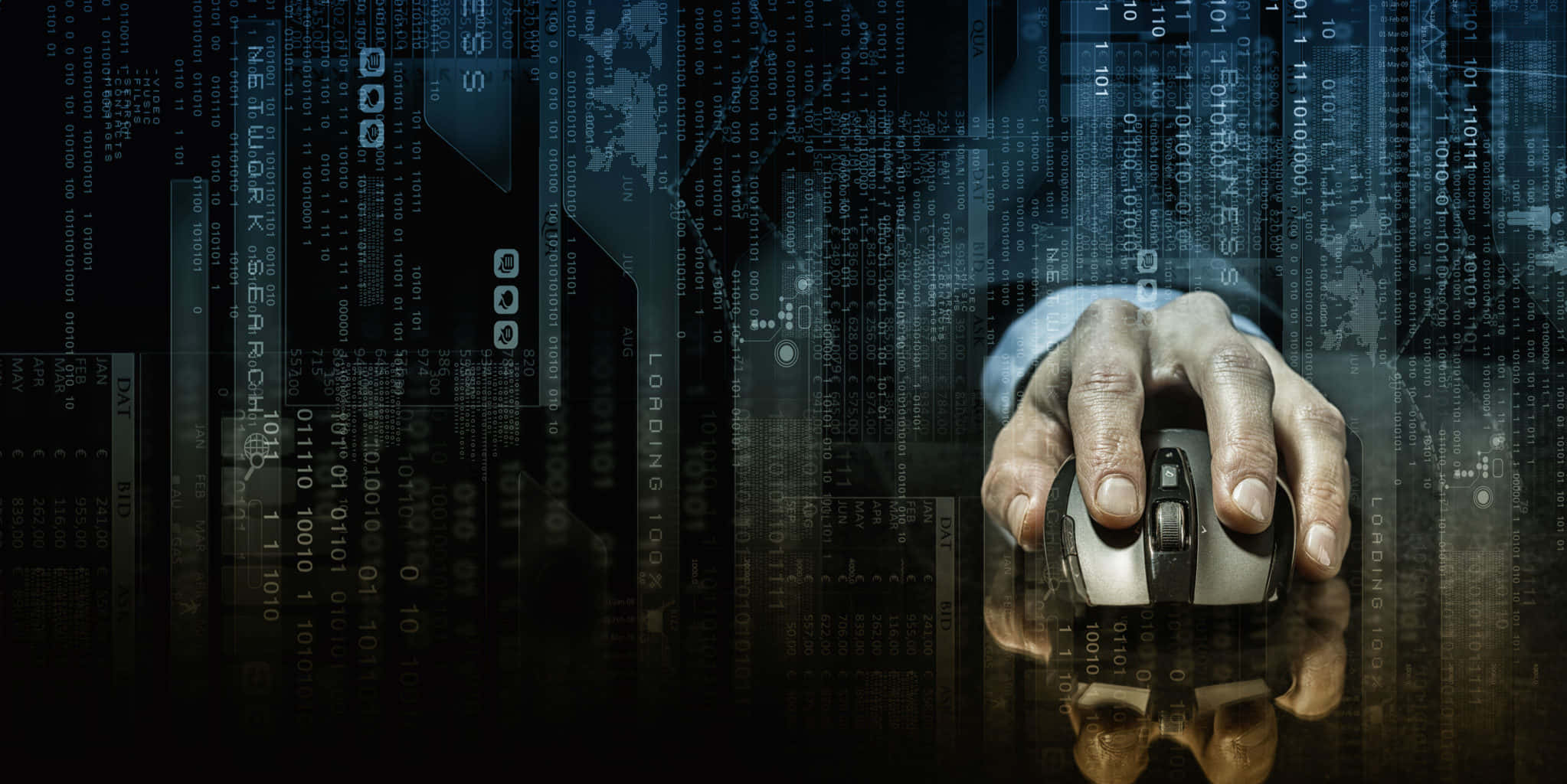 Dark Web 桌布 壁紙 — 一隻手抓住電腦滑鼠，背景是黑暗的數位場景，有浮動的程式碼和電路。