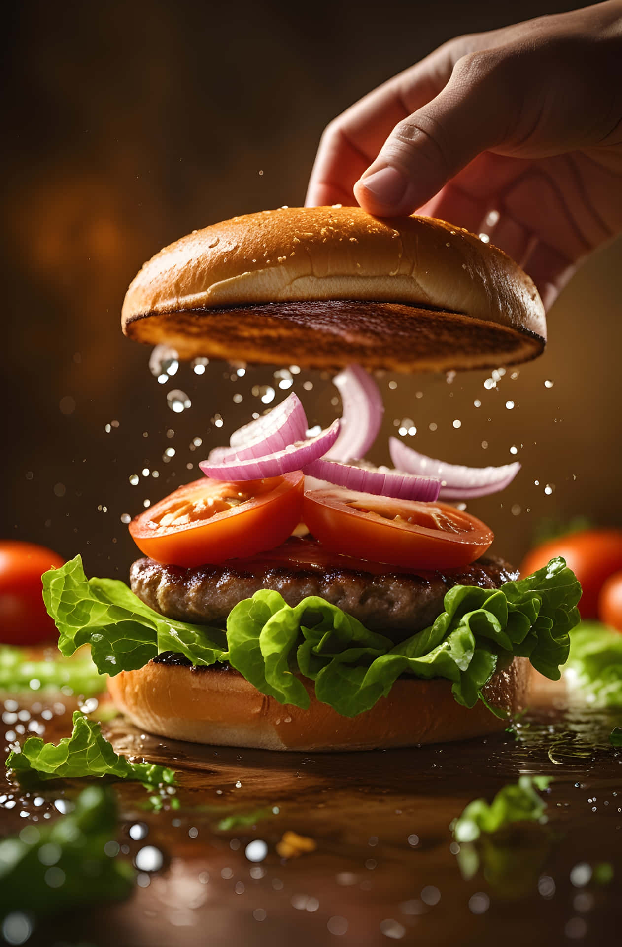 Fresh Burger Splash 壁紙 — 一隻手抬起多汁漢堡的上層麵包，露出新鮮的生菜、番茄和洋蔥，水滴懸浮在空中。
