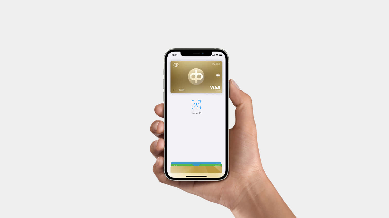 hand 桌布 壁紙 — 一隻手拿著iPhone，在純淺灰色背景上顯示一張金色Visa卡和Face ID提示。