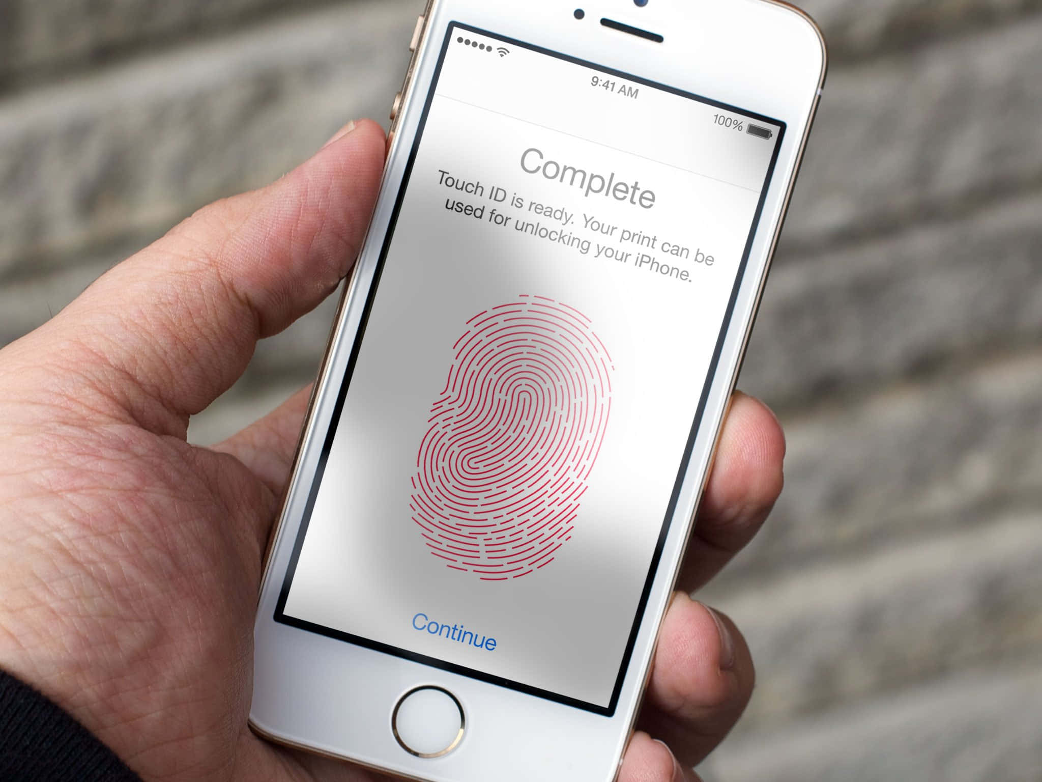 Touch Id 桌布 壁紙 — 一隻手拿著iPhone，顯示已完成的Touch ID設定畫面，帶有紅色指紋圖形。
