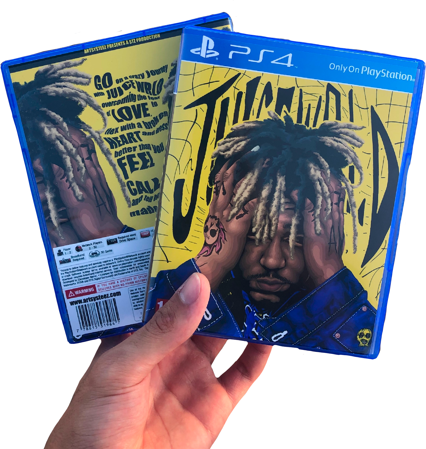 Juice WRLD 桌布 壁紙 — 一隻手拿著Juice WRLD的PS4遊戲盒，背景為大膽的黃色，並有藝術家的風格化肖像。