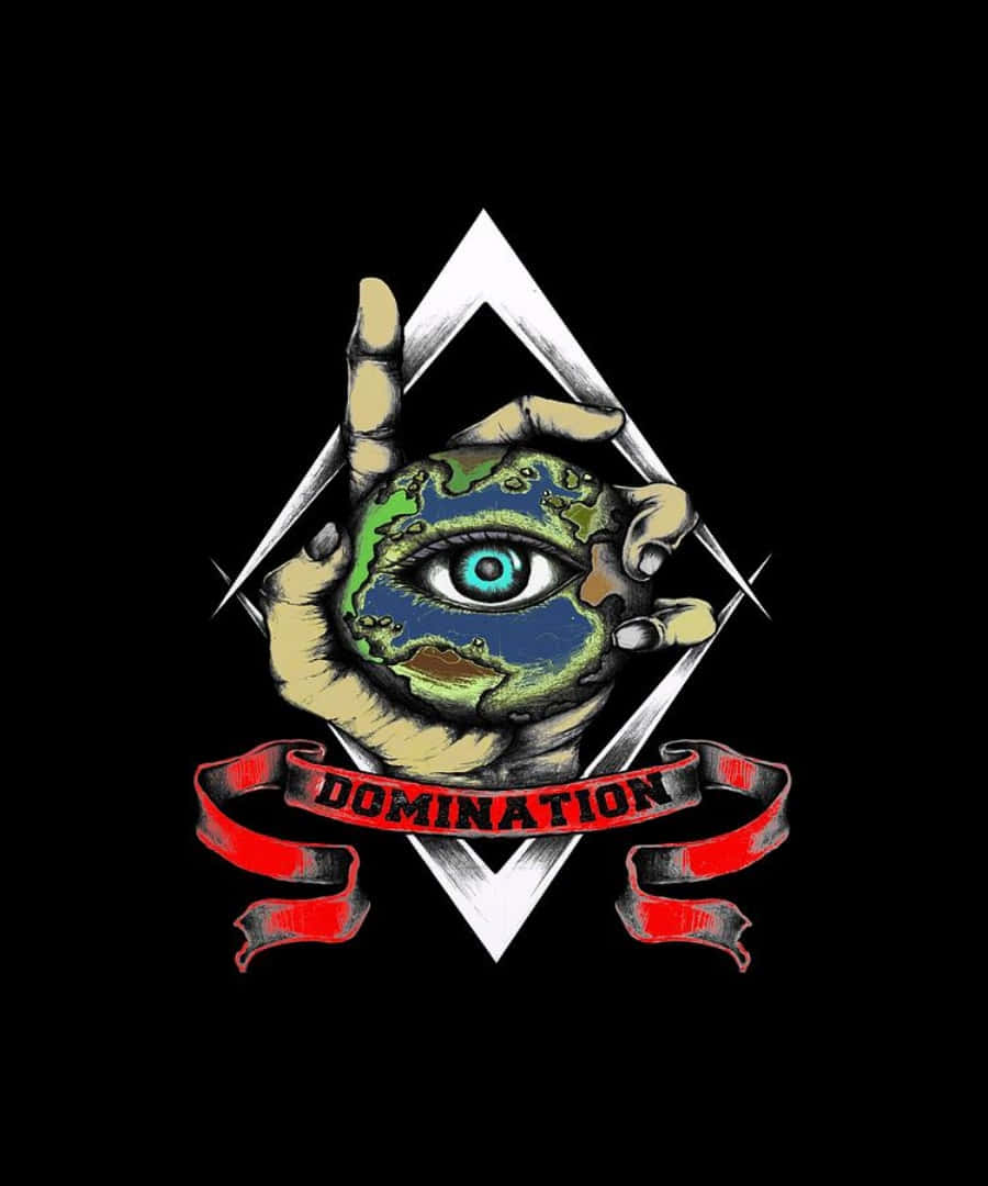 illuminati 桌布 壁紙 — 一隻手拿著一個地球儀，中央有一個發光的藍色眼睛，周圍鑲有白色鑽石和一個寫著domination的紅色橫幅。