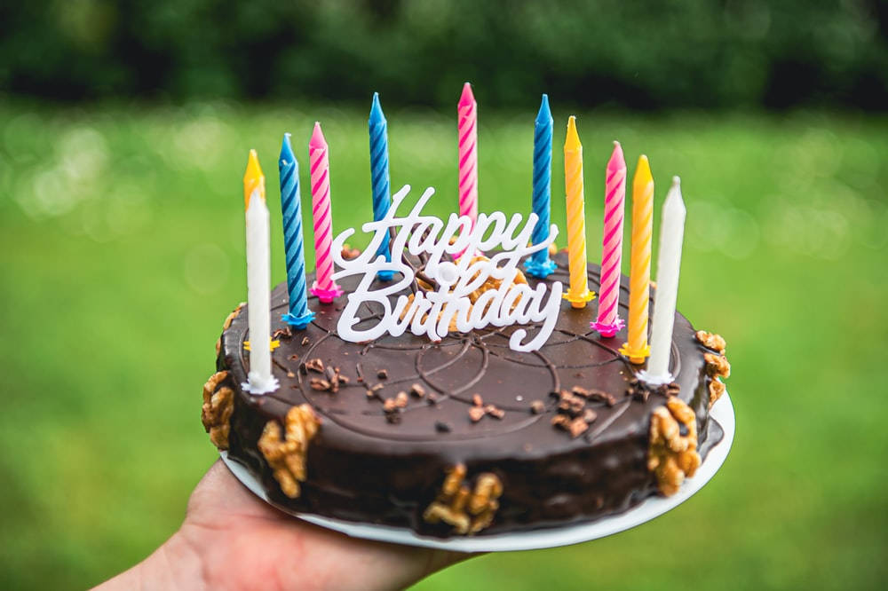 Birthday Cake 桌布 壁紙 — 一隻手拿著一個巧克力生日蛋糕，上面有彩色蠟燭和一個「Happy Birthday」裝飾，背景是模糊的綠色。
