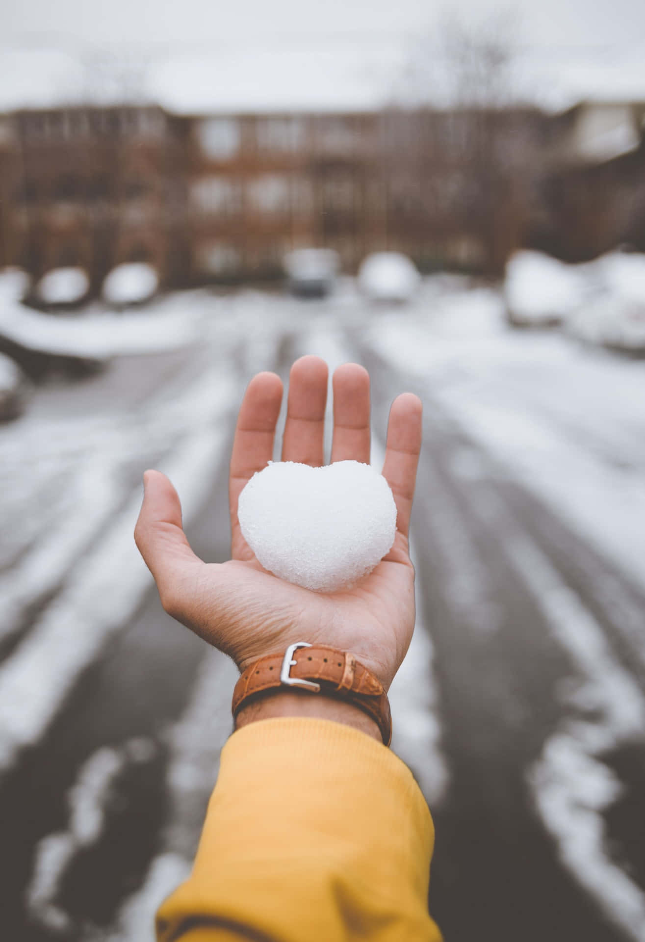 Heart 桌布 壁紙 — 一隻手拿著一個心形雪球，背景是白雪覆蓋的城市街道和模糊的建築物。