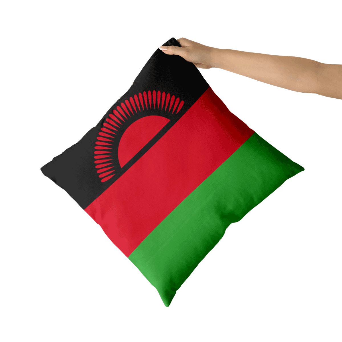 Malawi 桌布 壁紙 — 一隻手拿著一個方形枕頭，上面有馬拉威國旗，帶有黑色、紅色和綠色條紋以及紅色太陽標誌。