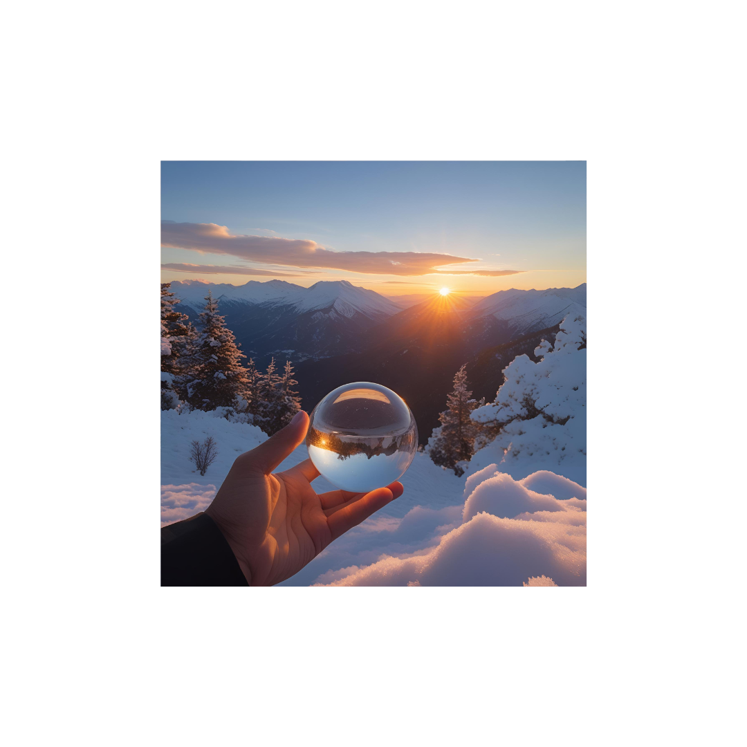 Sunrise Desktop 桌布 壁紙 — 一隻手拿著一個水晶球，反射出雪山日落，金色陽光穿透雲層。