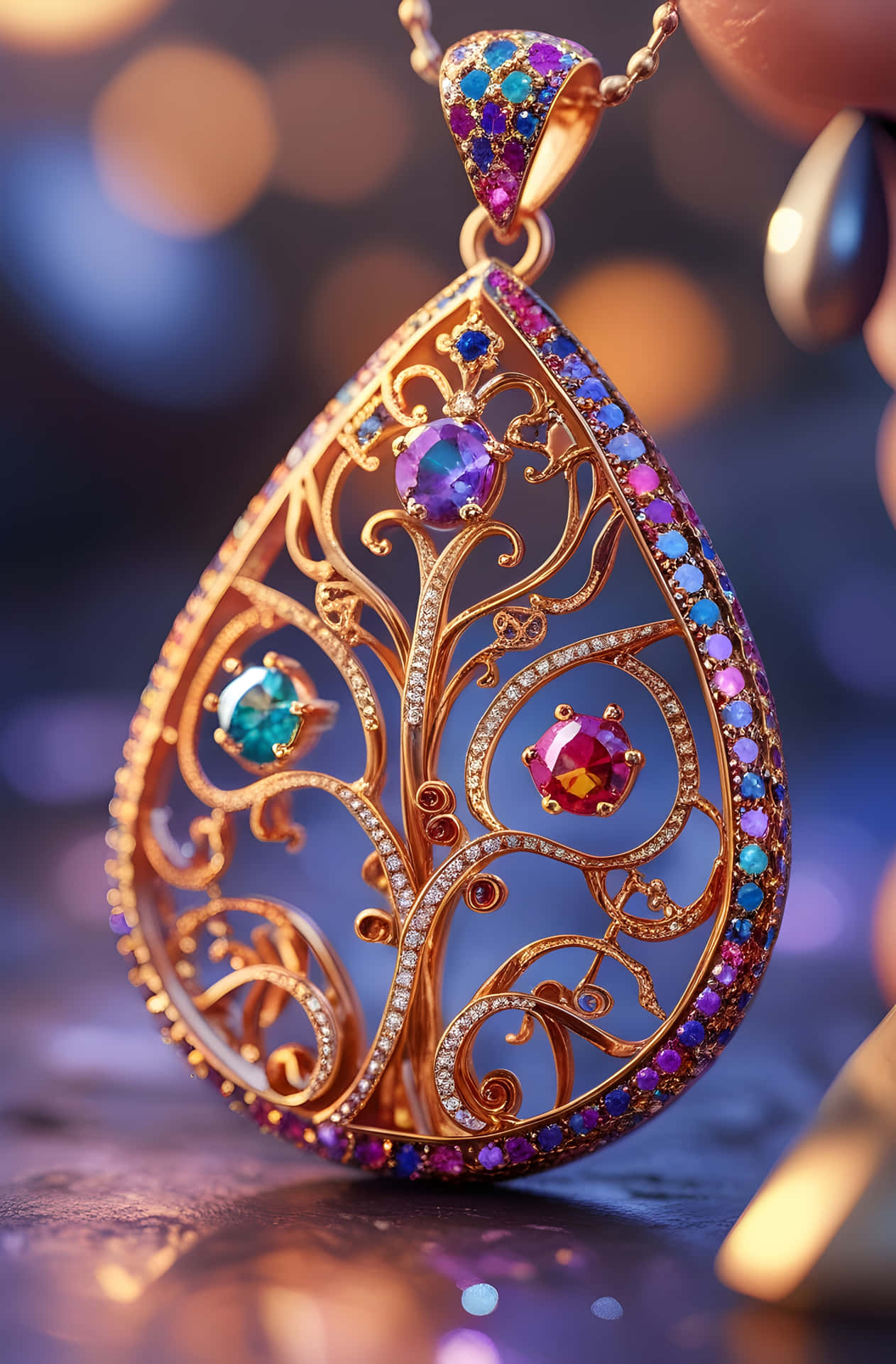 Blue Sapphire Tree of Life 壁紙 — 一隻手拿著一個淚滴形狀的金色吊墜，飾有精緻的金銀絲細工和彩色寶石，背景是模糊的藍色。