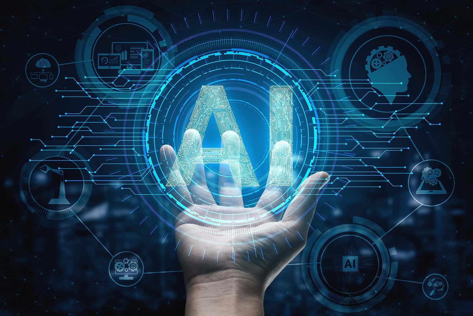 artificial intelligence 桌布 壁紙 — 一隻手拿著一個發光的全息AI符號，周圍環繞著數位電路和科技圖示，背景為深藍色。