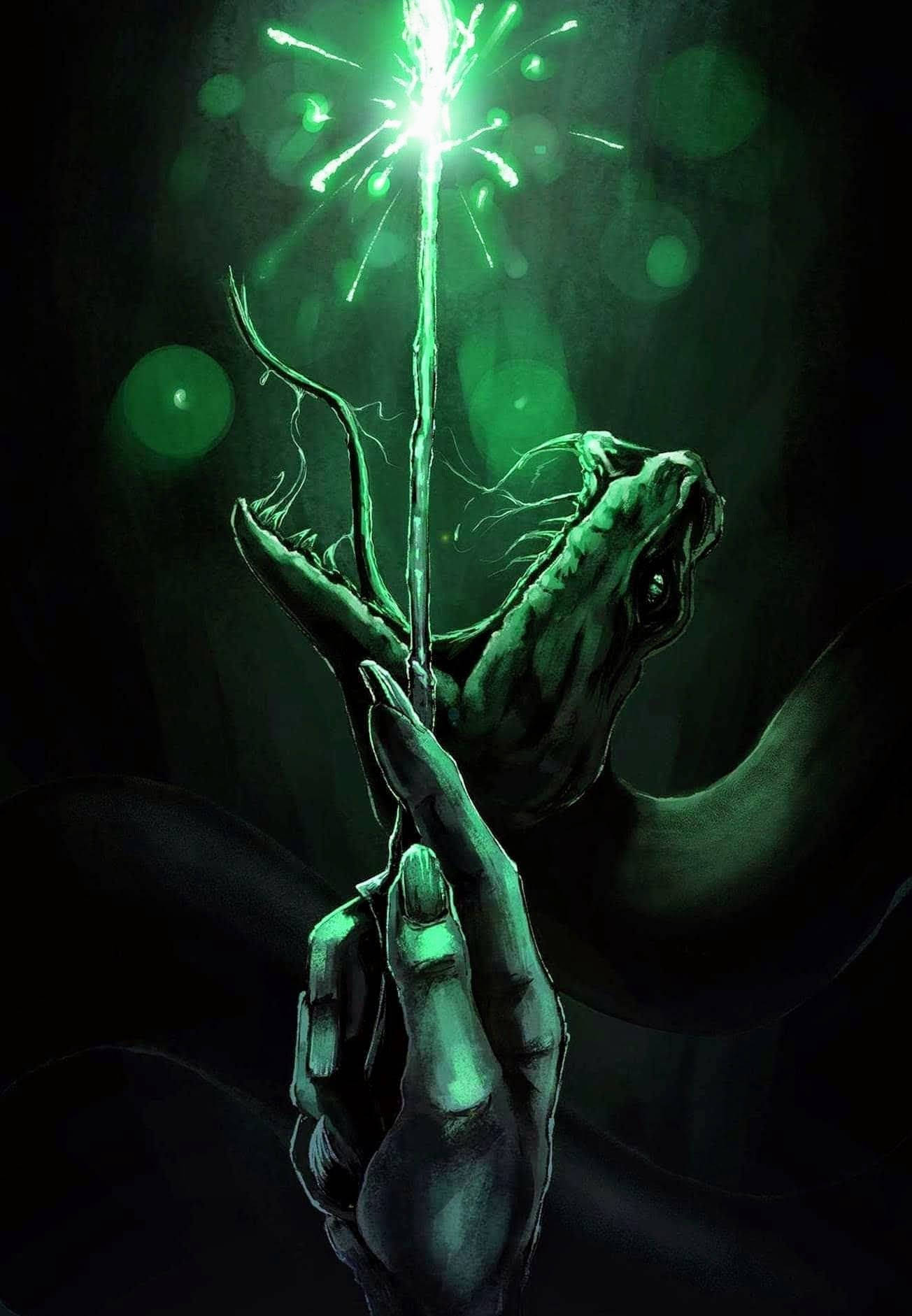 voldemort 桌布 壁紙 — 一隻手拿著一個發光的綠色煙火，在黑暗環境中，煙火在一條怪異的蛇頭上爆出火花。