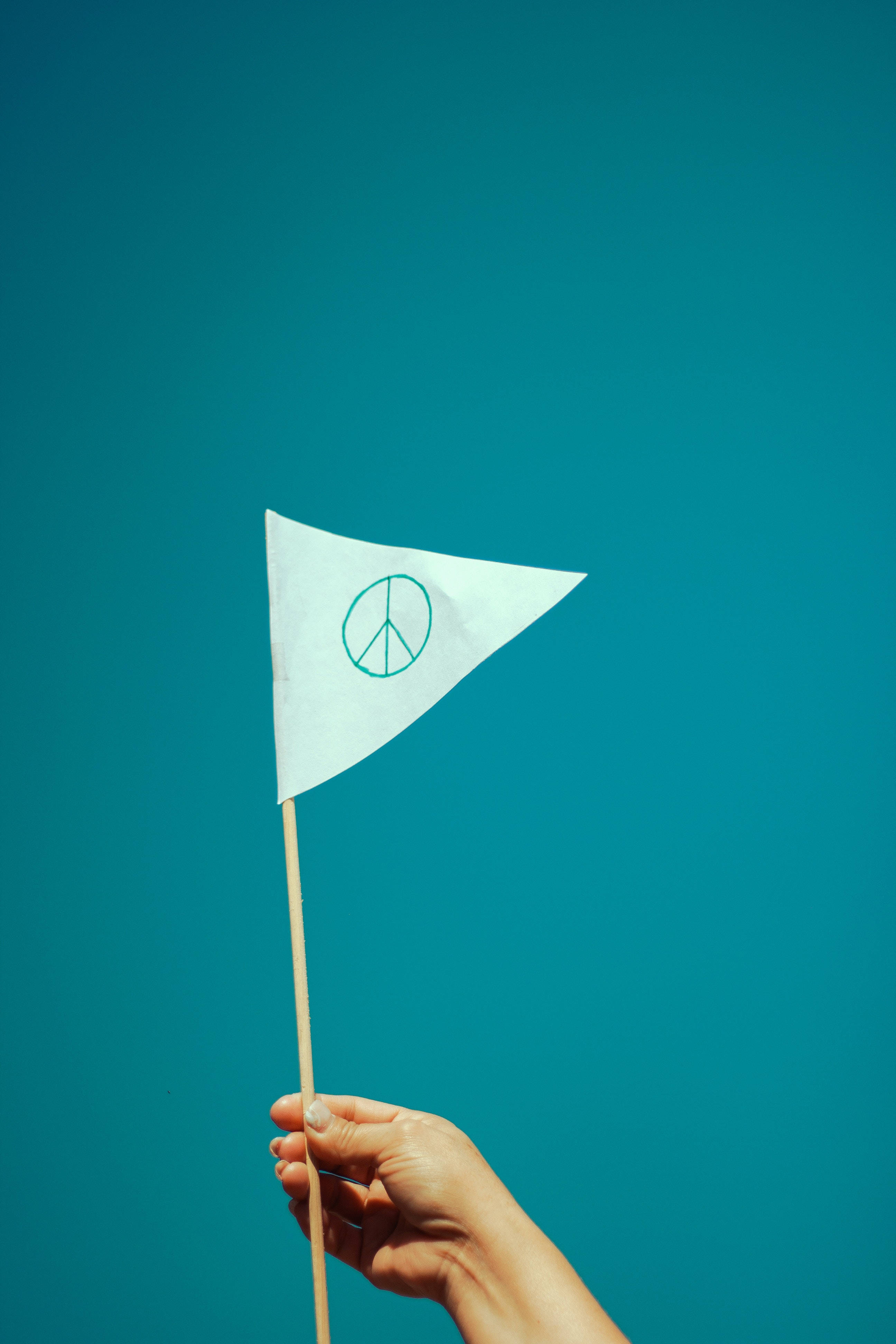 Peace Symbol 桌布 壁紙 — 一隻手拿著一個細小的白色三角形旗幟，上面有青綠色的和平標誌，背景是純青綠色。