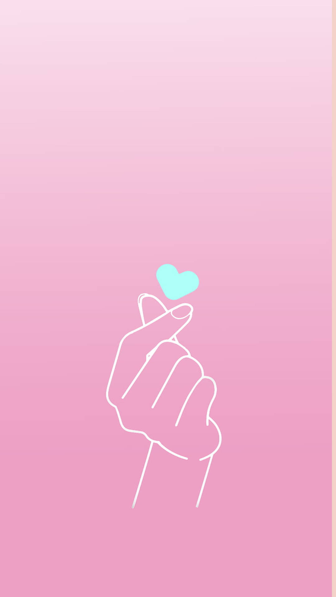 Heart 桌布 壁紙 — 一隻手拿著一個細小青色心形的極簡線條畫，背景是柔和粉紅色漸變。