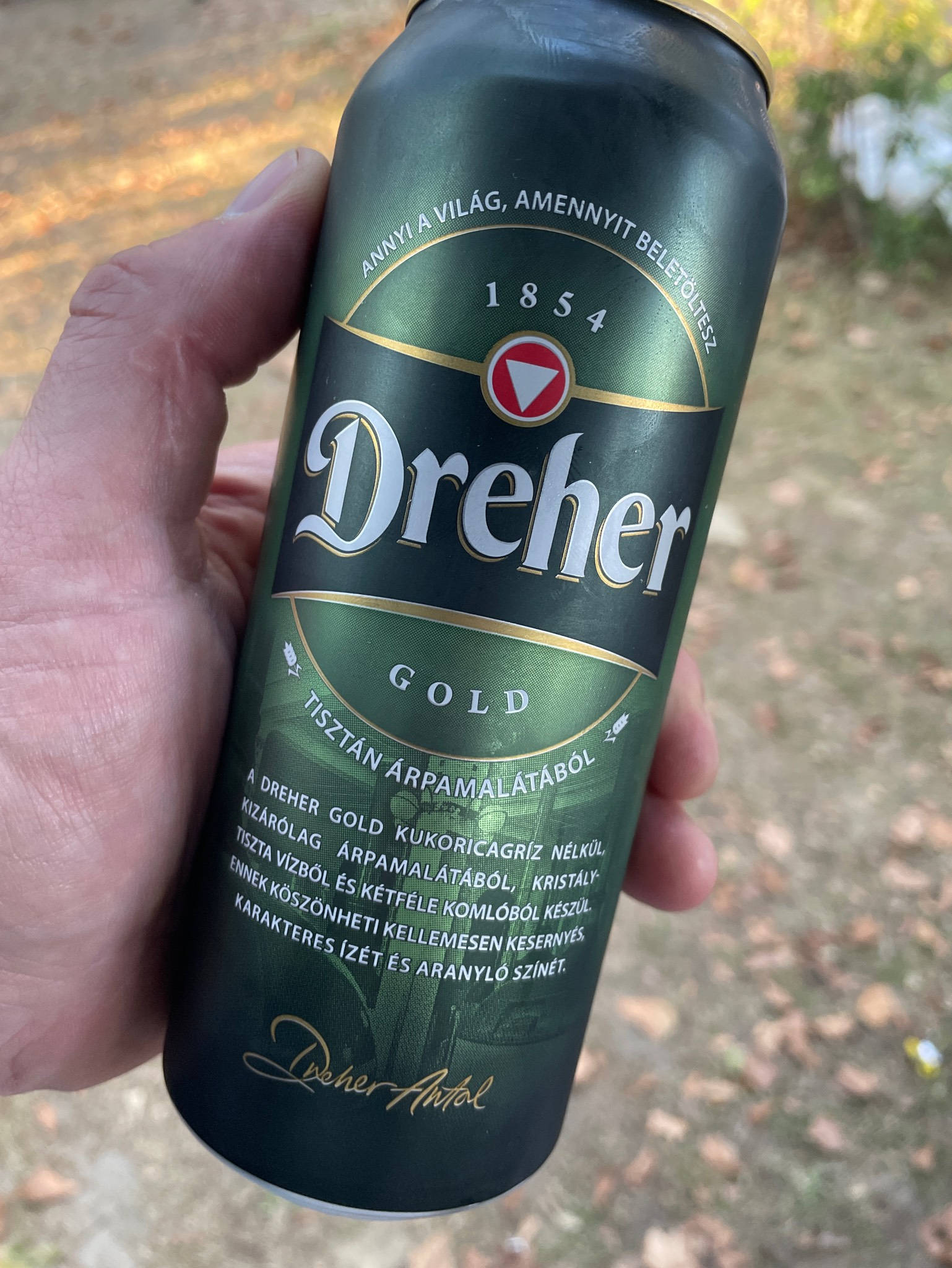 啤酒 桌布 壁紙 — 一隻手拿著一個綠色帶金色邊飾的Dreher Gold啤酒罐，背景是模糊的戶外落葉。