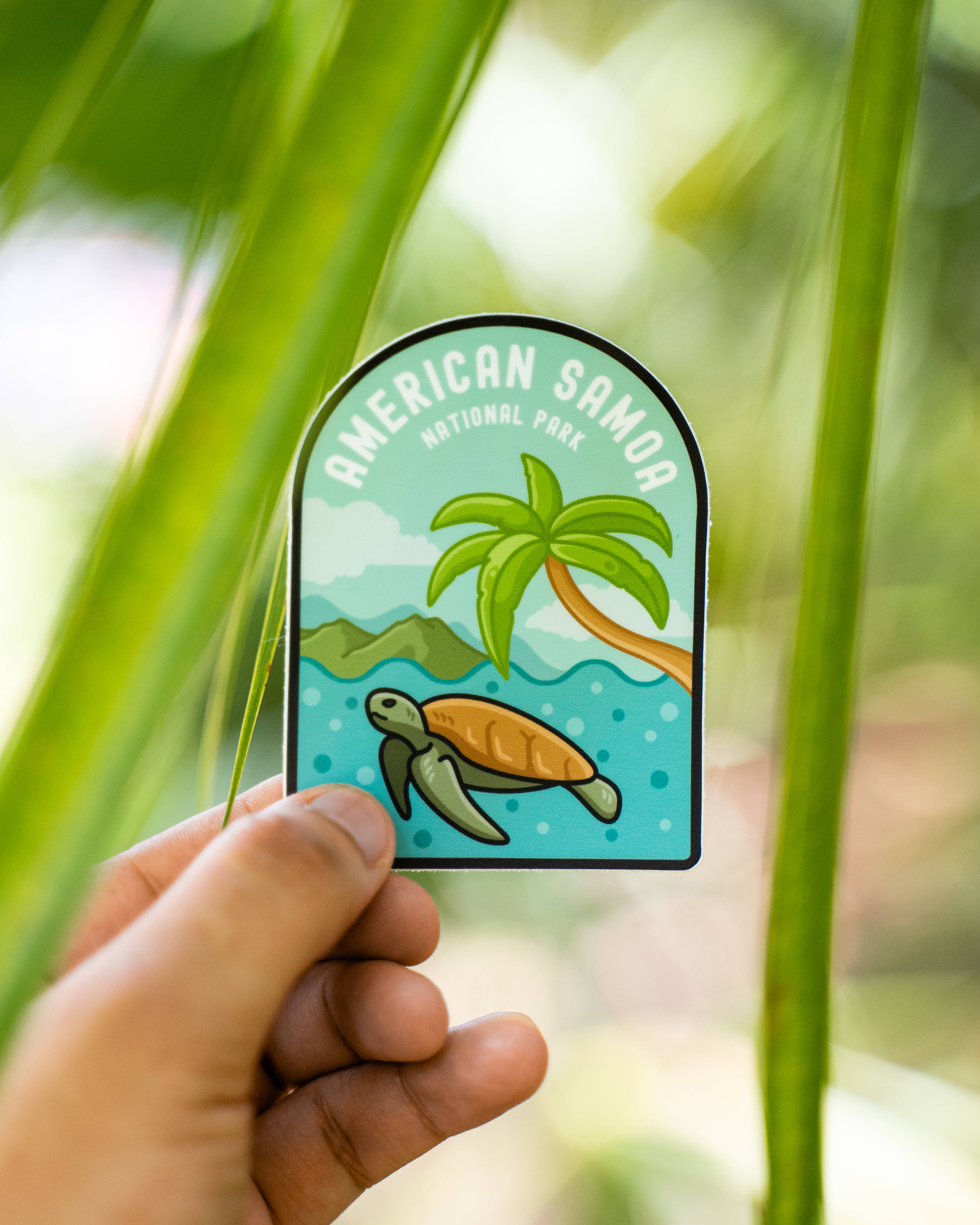 Samoa 桌布 壁紙 — 一隻手拿著一個色彩繽紛的美屬薩摩亞國家公園貼紙，上面有海龜和棕櫚樹，背景是熱帶風光。
