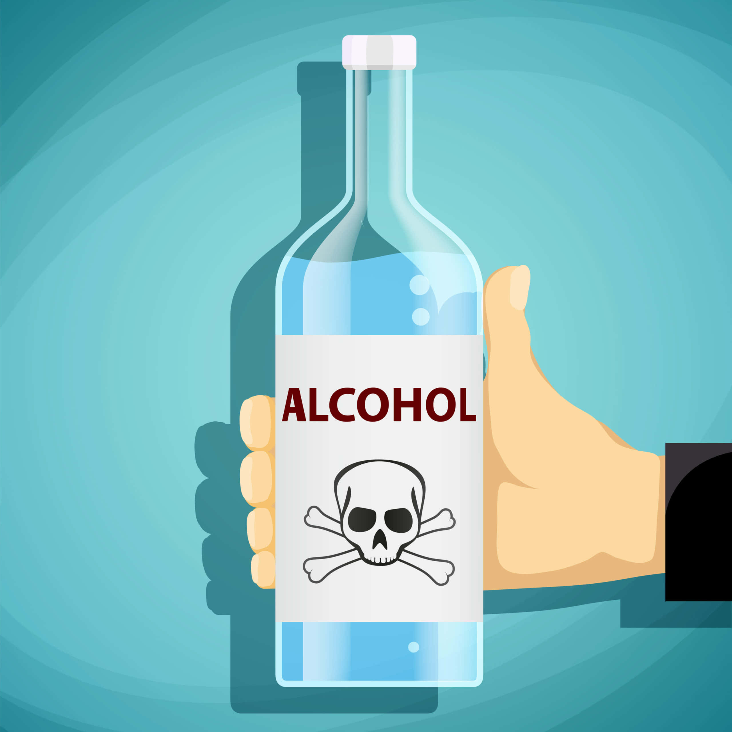 Poisoning 桌布 壁紙 — 一隻手拿著一個透明瓶子，標籤上寫著酒精，帶有骷髏骨頭標誌，背景是青綠色漸變。