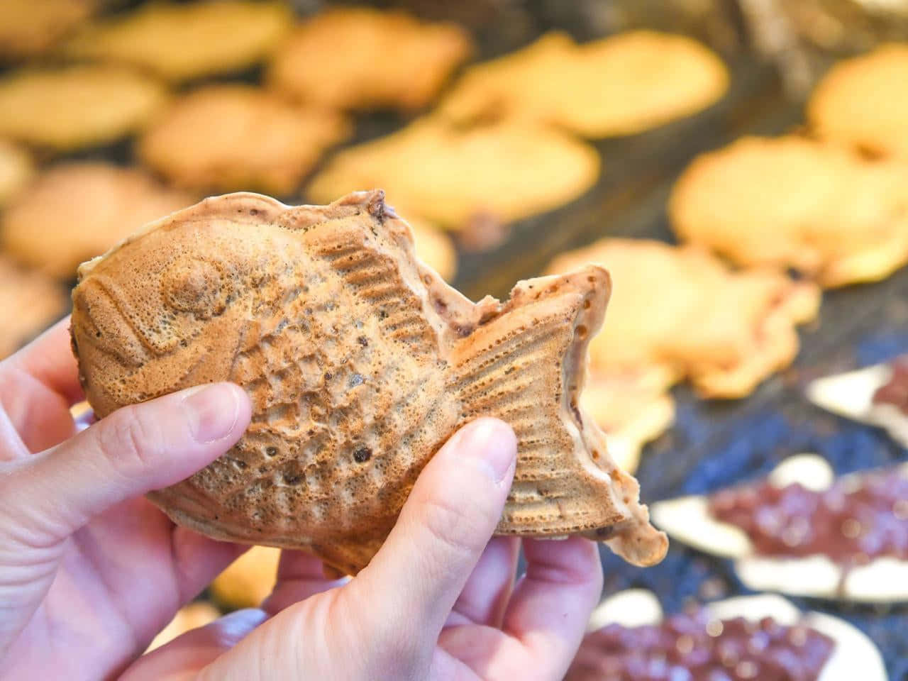 Japanese Sweets 桌布 壁紙 — 一隻手拿著一個金黃色的魚形鯛魚燒，咬了一口露出柔軟的內餡。