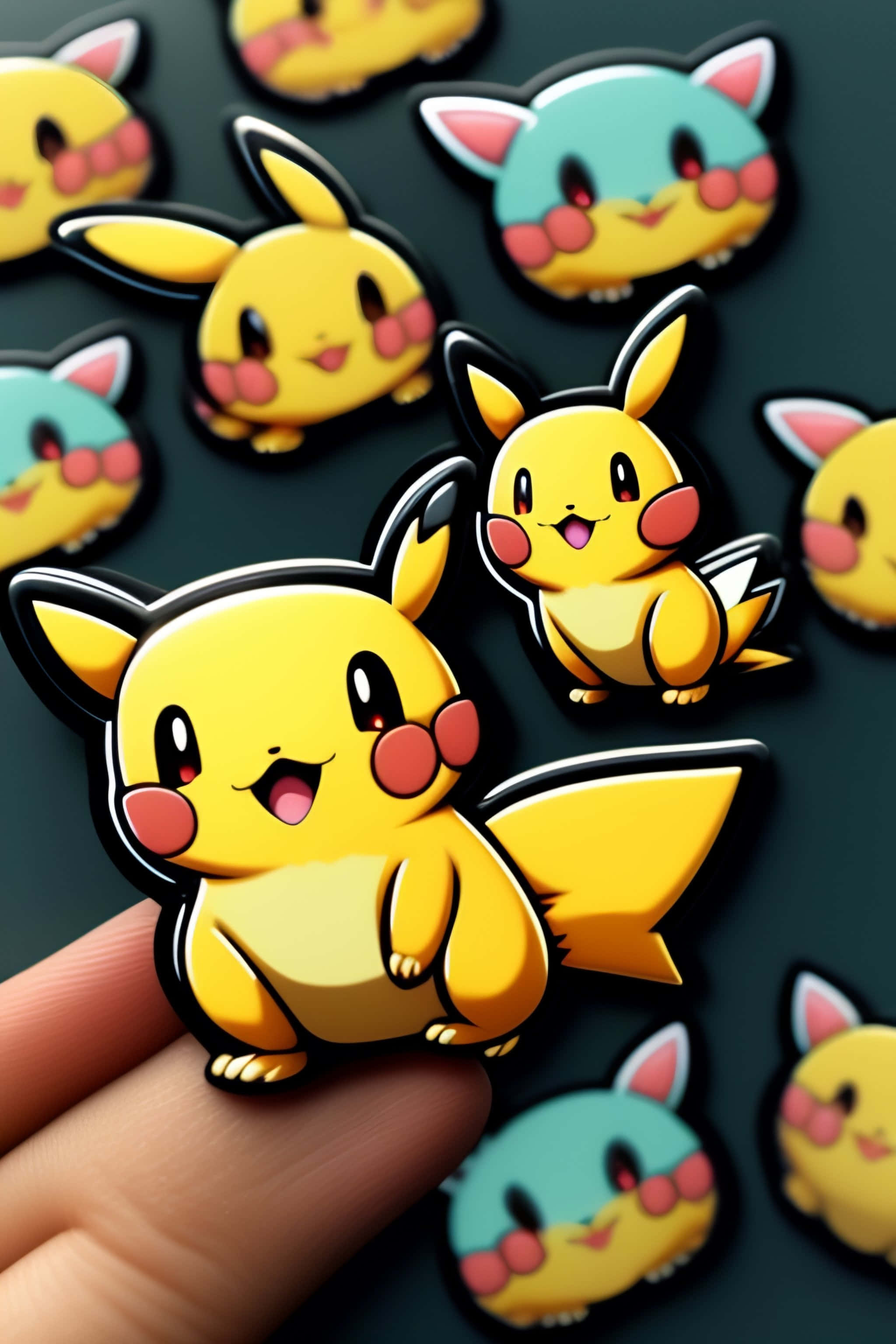 Pokemon Stickers 桌布 壁紙 — 一隻手拿著一個閃亮的黃色皮卡丘徽章，周圍有其他寶可夢徽章，背景為深色。
