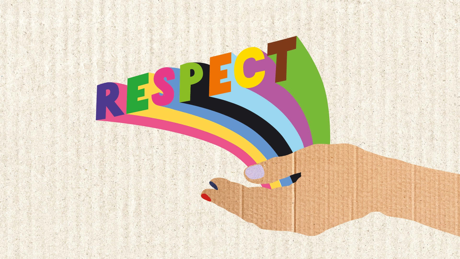 藝術 桌布 壁紙 — 一隻手拿著一個鮮豔的彩虹色單詞「RESPECT」，背景是帶有紋理的米色。