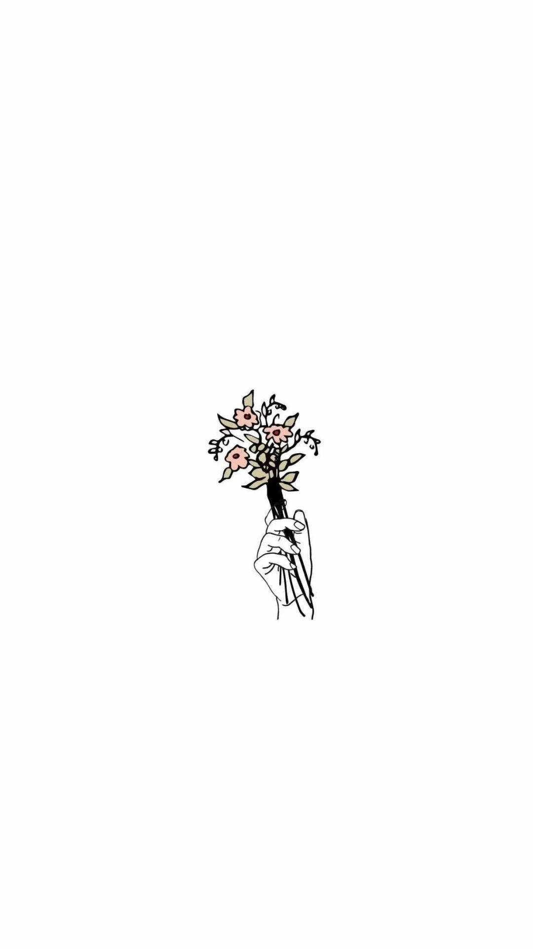 美學白 桌布 壁紙 — 一隻手拿著一小束粉紅色花朵的極簡線條畫，背景為純白色。