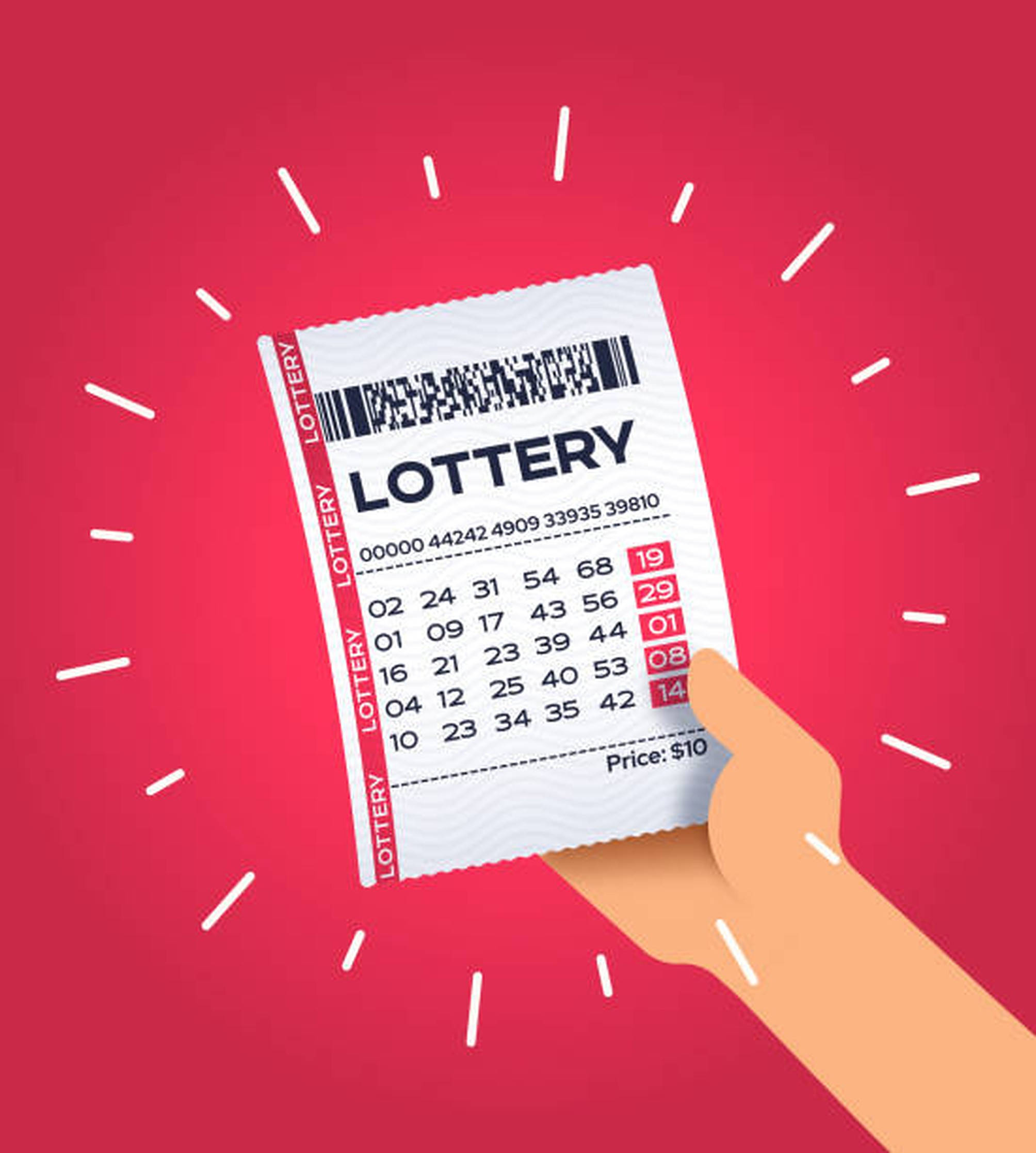 Lottery 桌布 壁紙 — 一隻手拿著一張彩券，中獎號碼在帶有白色放射線的鮮紅色背景上突出顯示。
