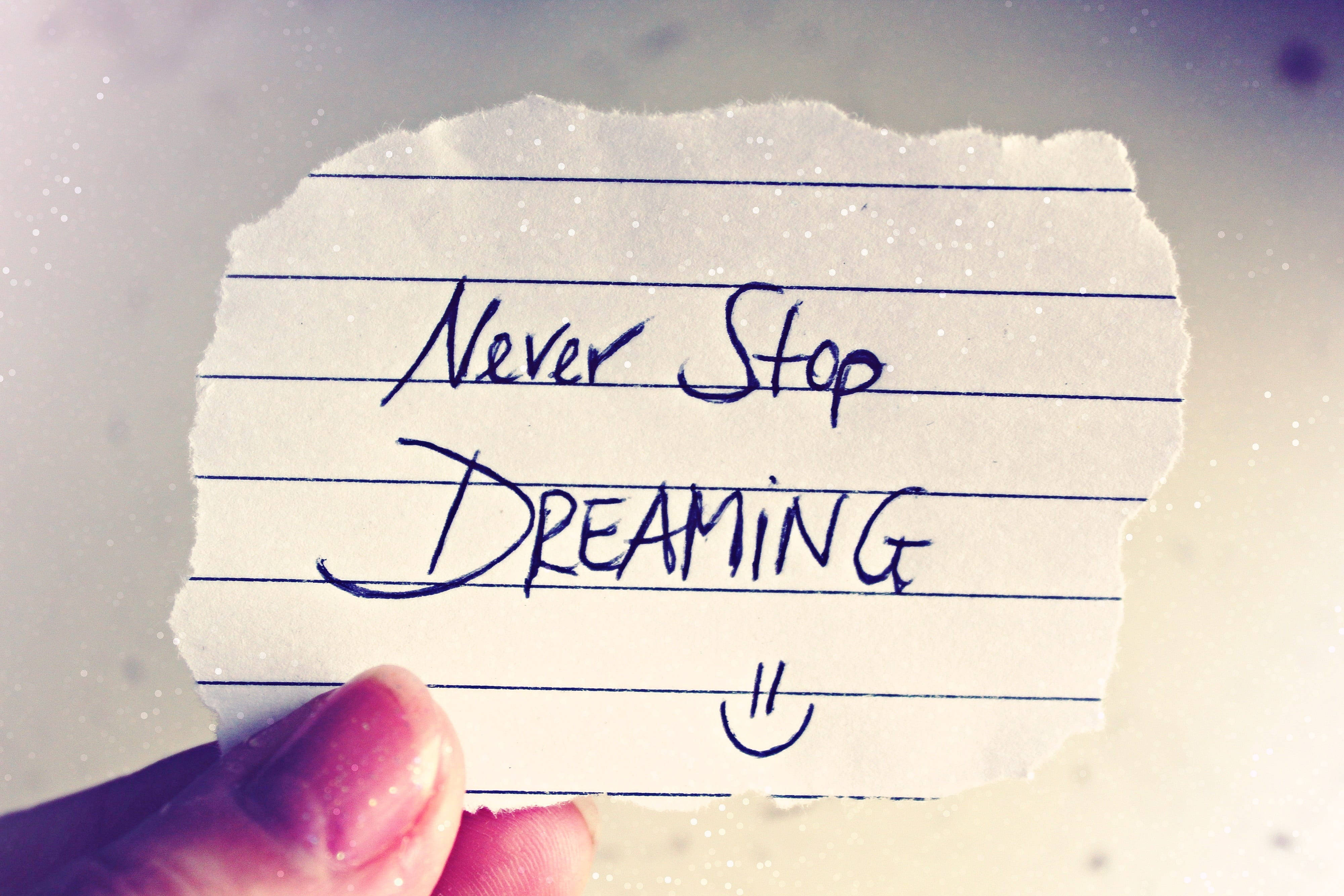 Cute Writing 桌布 壁紙 — 一隻手拿著一張撕破的橫線紙條，上面有手寫文字「Never Stop DREAMING」和一個笑臉，背景柔和模糊。