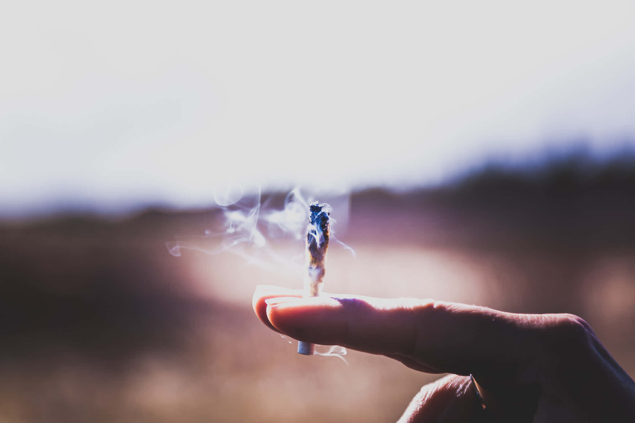 joint 桌布 壁紙 — 一隻手拿著一支點燃的大麻煙，煙霧在模糊的戶外背景下裊裊升起。