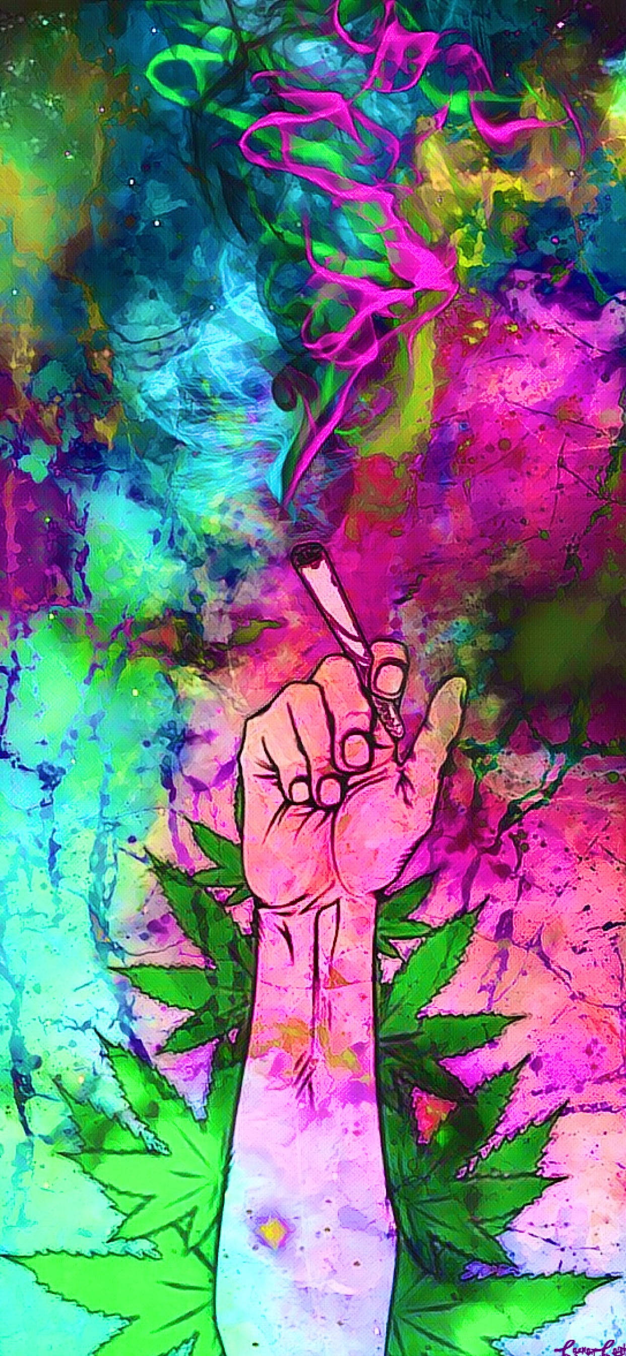 迷幻動圖 桌布 壁紙 — 一隻手拿著一支點燃的大麻煙，迷幻的煙霧在充滿活力的抽象背景（霓虹綠、粉紅和藍色）中向上旋轉。