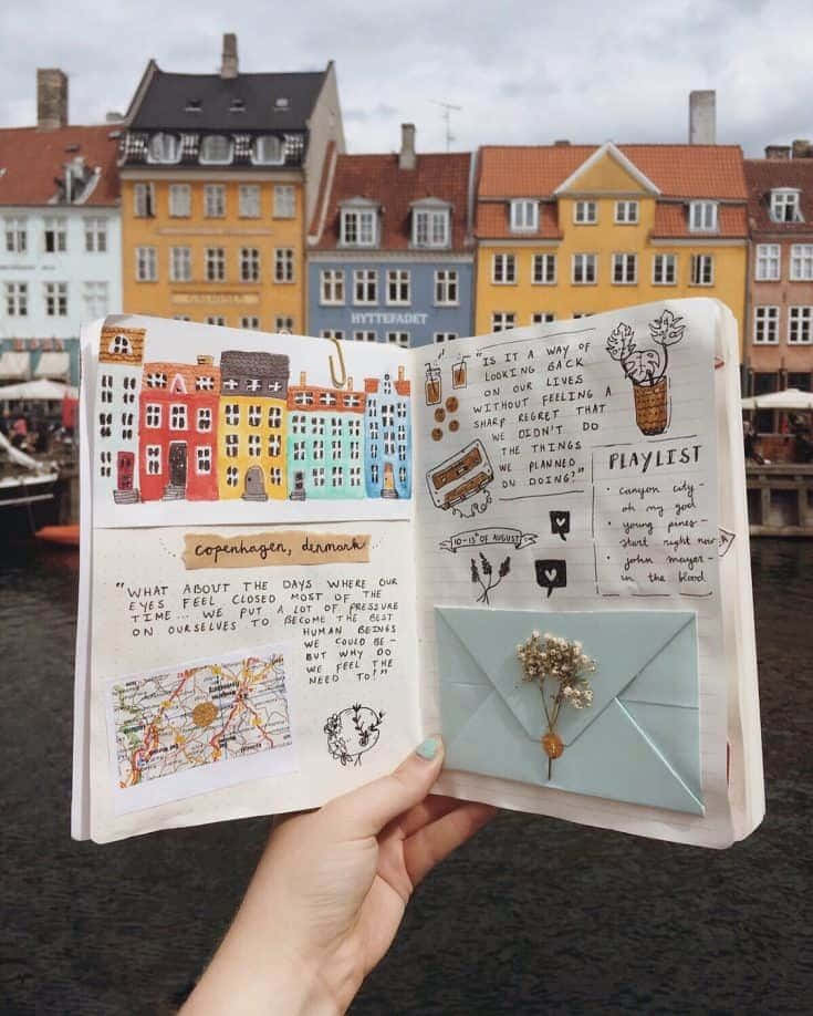 Scrapbooking 桌布 壁紙 — 一隻手拿著一本打開的插圖旅行日記，上面有哥本哈根的城市素描和筆記，背景是色彩繽紛的歷史建築。