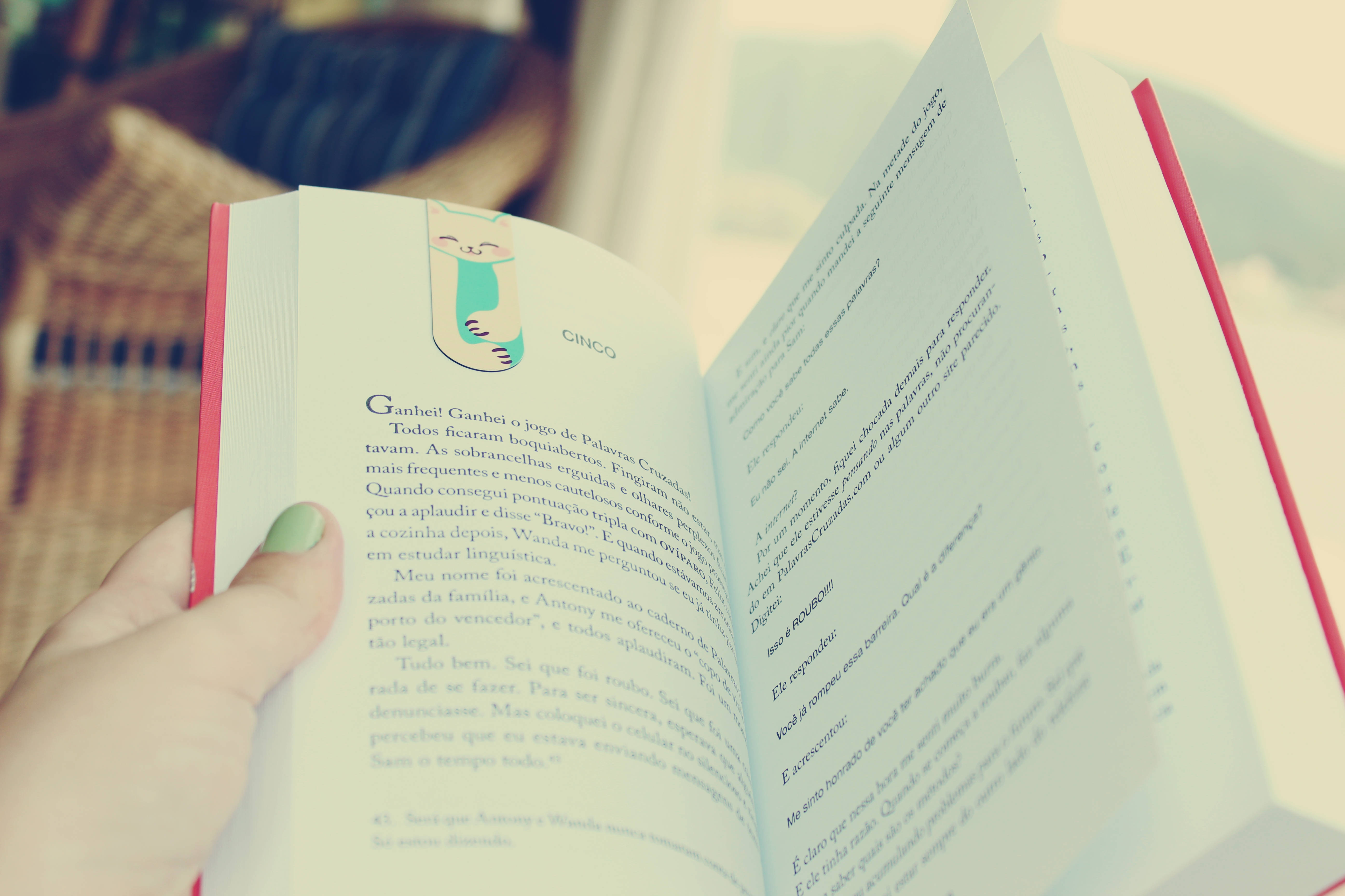Reading 桌布 壁紙 — 一隻手拿著一本打開的書，左頁有葡萄牙文文字和可愛的貓插圖。
