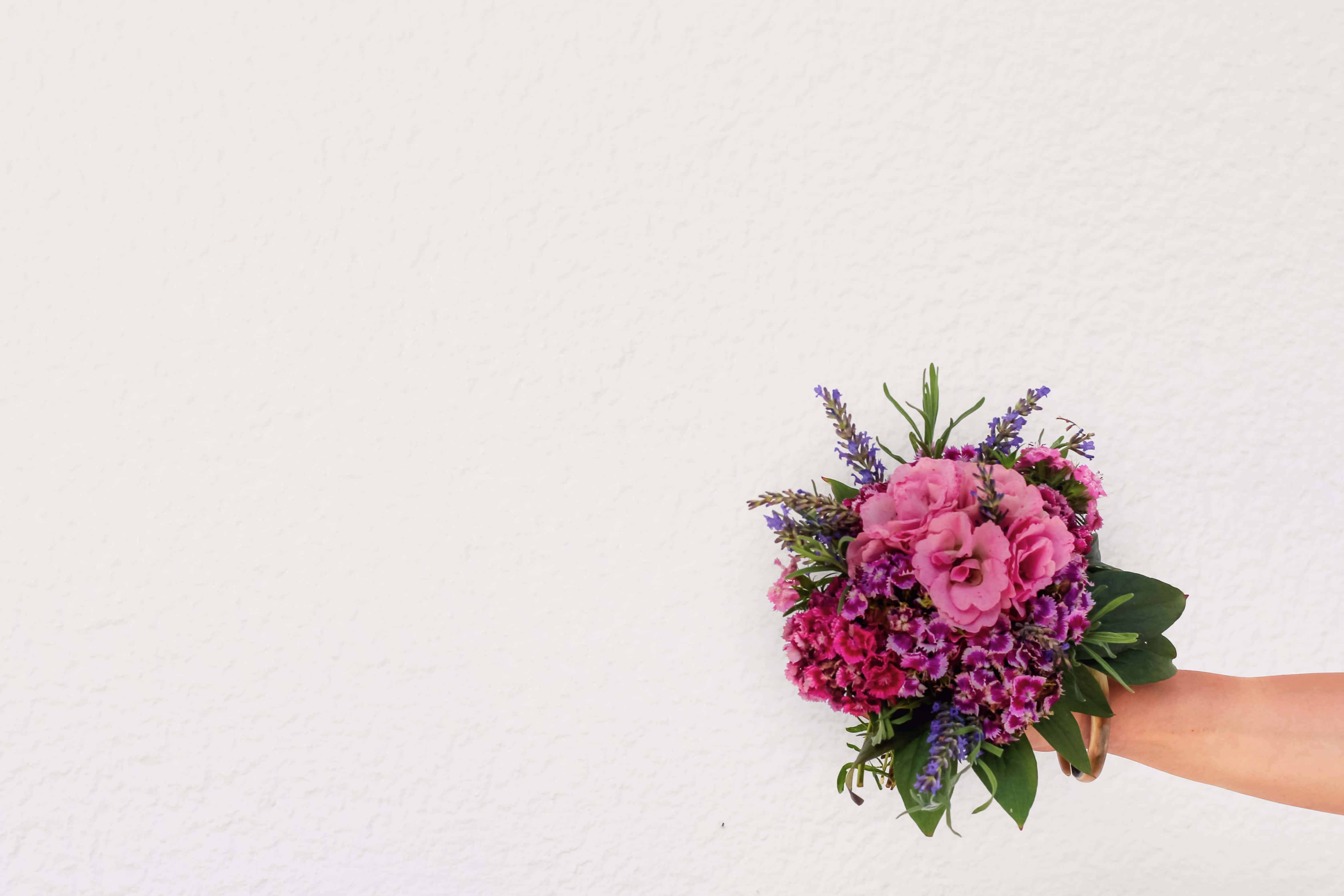 Bouquet Of Flowers 桌布 壁紙 — 一隻手拿著一束充滿活力的粉紅色和紫色花朵，背景是純白色紋理牆壁。
