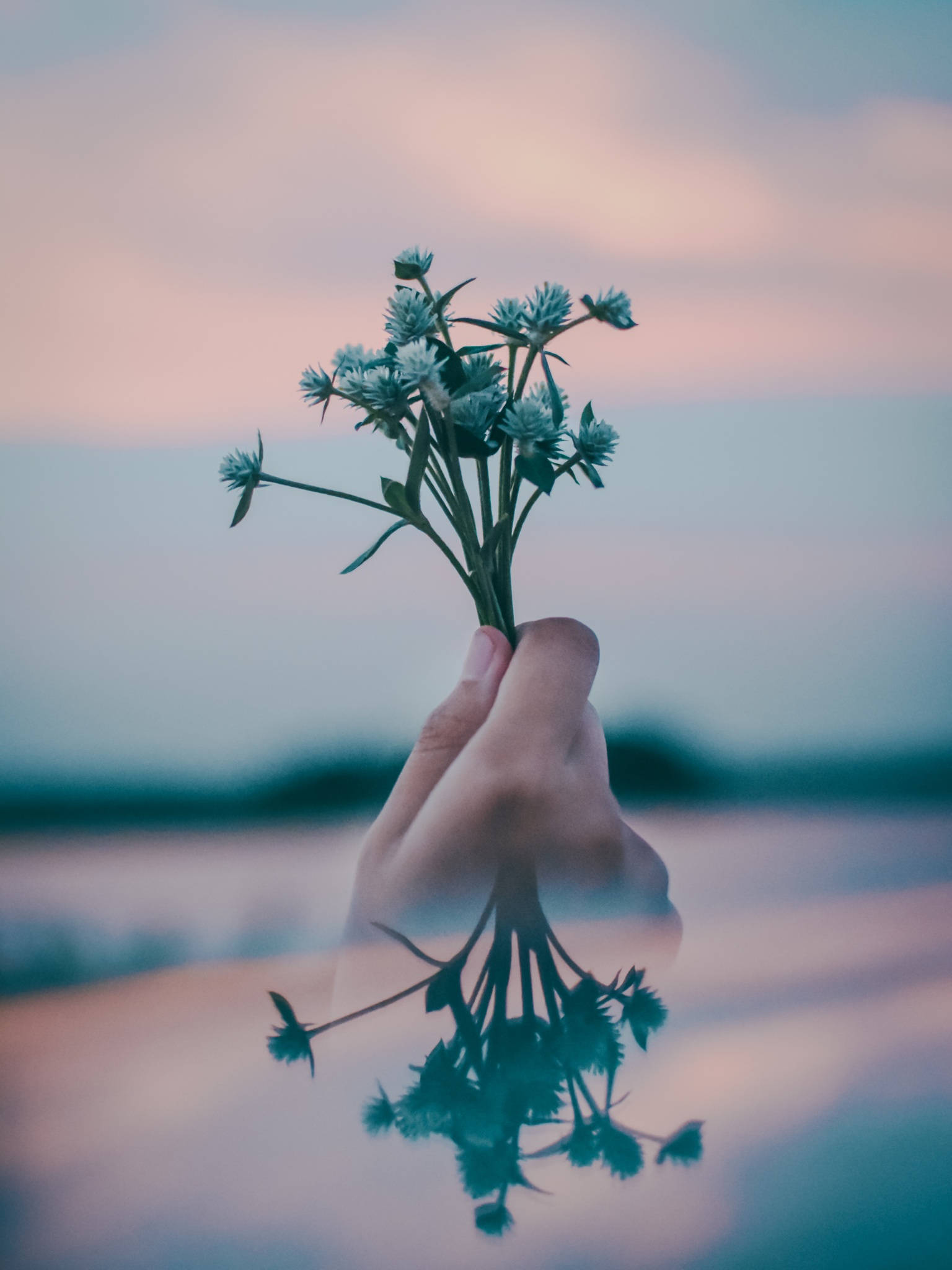 happy weekend 桌布 壁紙 — 一隻手拿著一束精緻的藍色小花在水面上方，水面反射出其倒影，背景是柔和的粉藍色暮色天空。