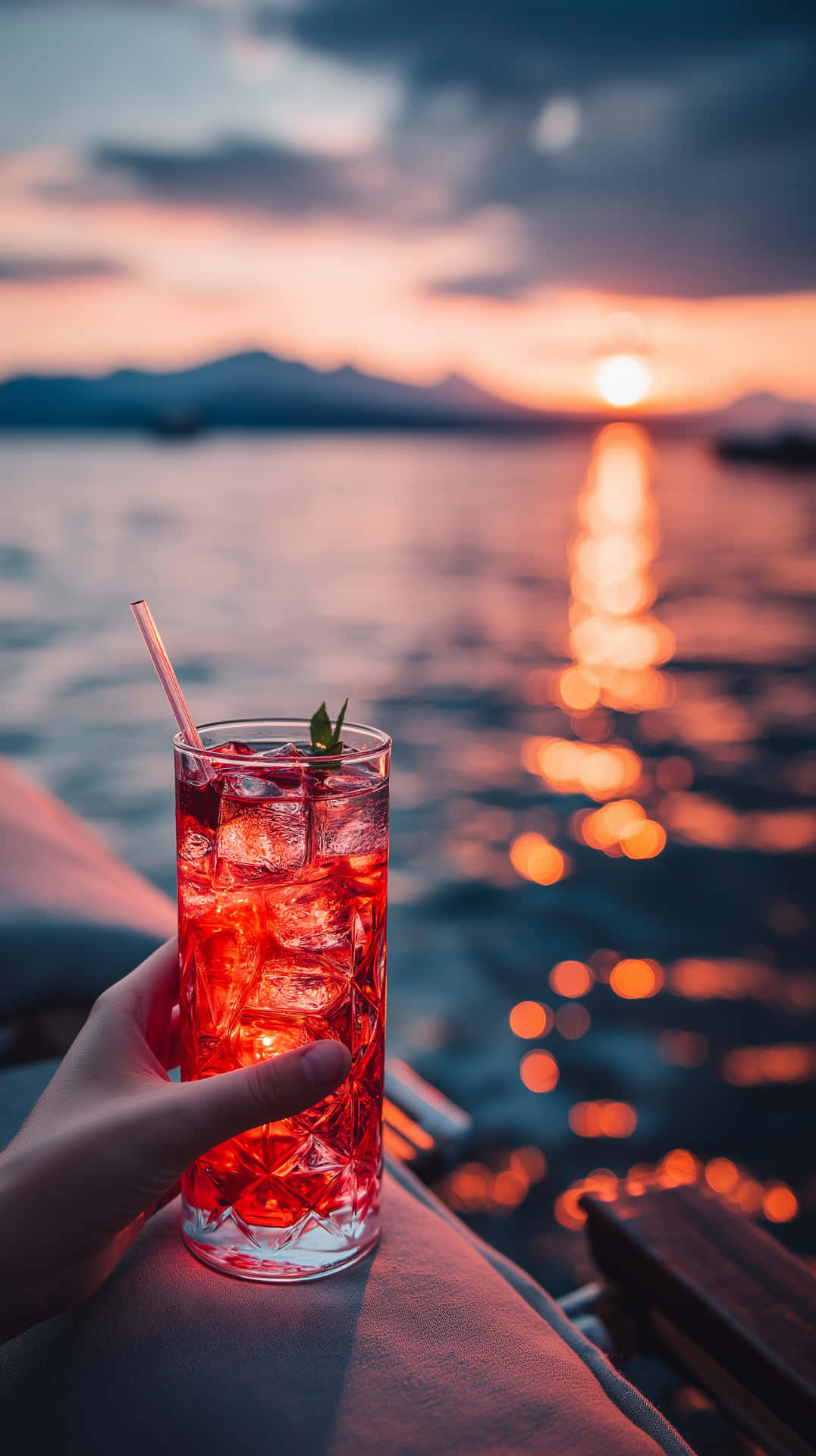 Sunset Cocktail by the Water 壁紙 — 一隻手拿著一杯紅色雞尾酒，加冰和薄荷，背景是夕陽映照水面和遠處的山巒。