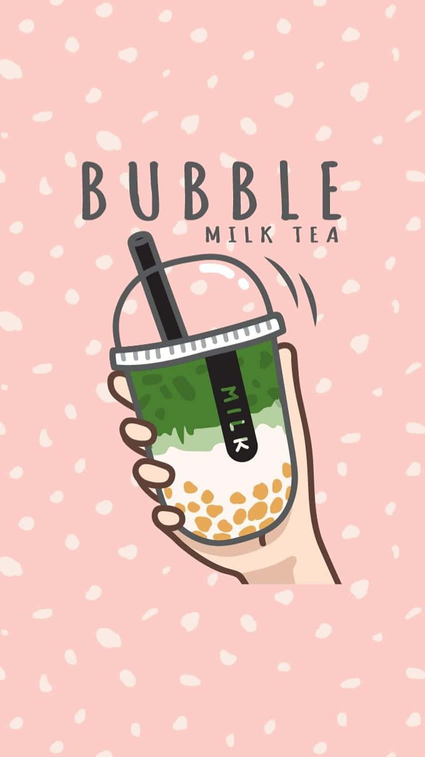 milkshake 桌布 壁紙 — 一隻手拿著一杯綠色珍珠奶茶，背景是粉紅色斑點。