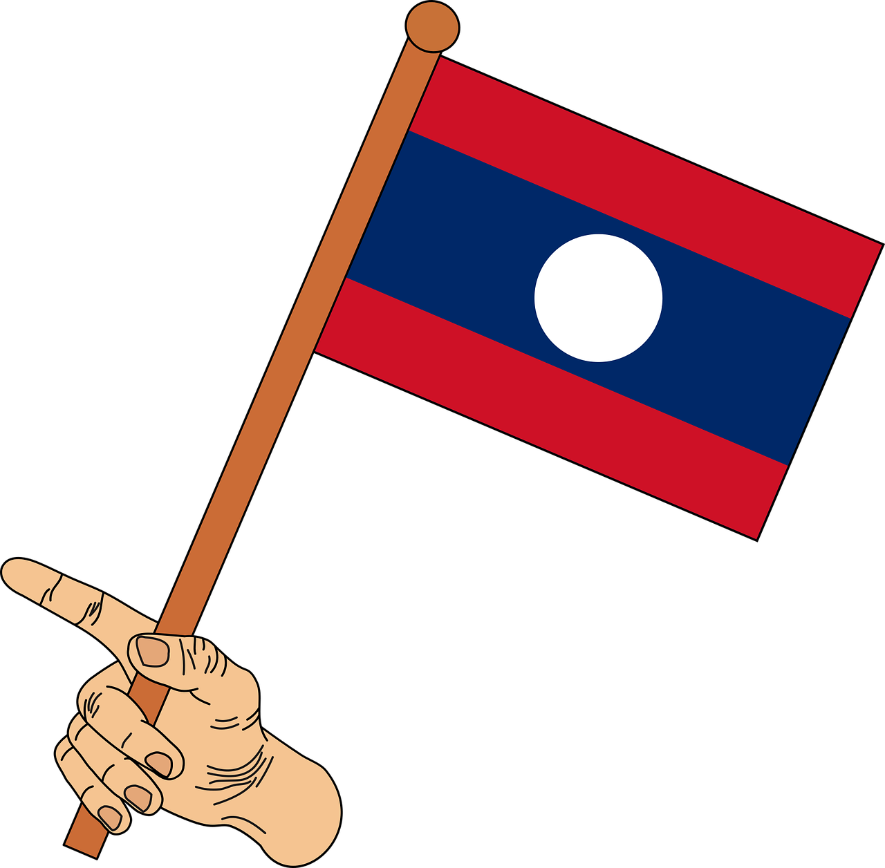 Flag 桌布 壁紙 — 一隻手拿著一根小木棍，上面有寮國國旗在黑色背景上飄揚。