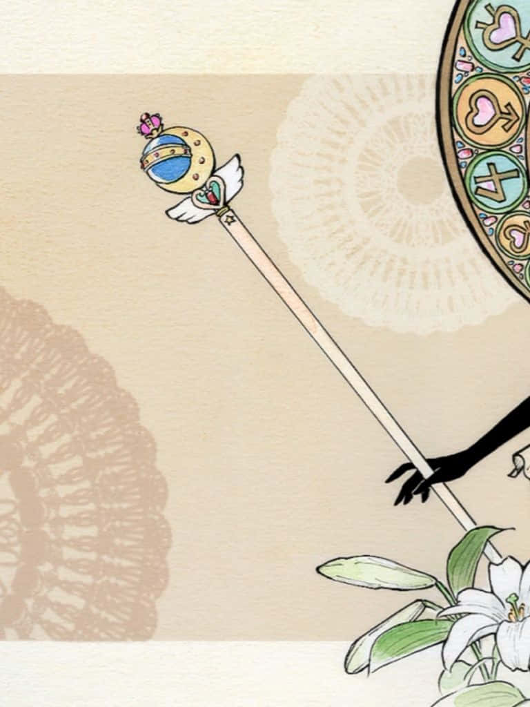 Sailor Moon Pattern 桌布 壁紙 — 一隻手拿著一根帶有翼狀球體的魔法杖，背景是米色，帶有蕾絲圖案和白色百合花。