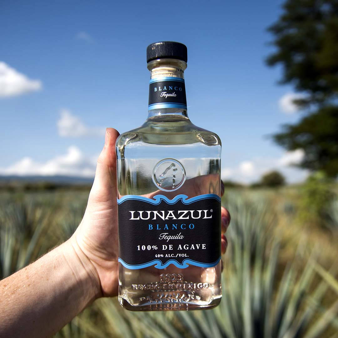 alcohol 桌布 壁紙 — 一隻手拿著一瓶透明的Lunazul Blanco龍舌蘭酒，背景是龍舌蘭田和藍天。