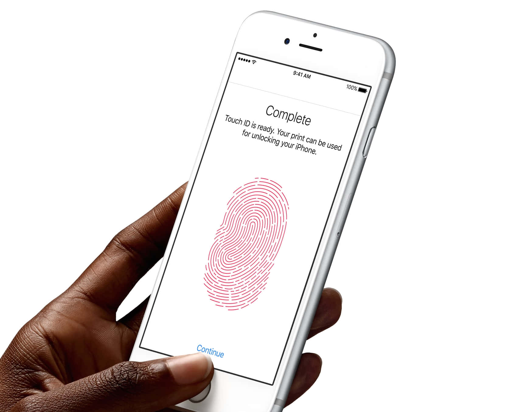 Touch Id 桌布 壁紙 — 一隻手拿著一部白色iPhone，顯示已完成的Touch ID設定畫面，帶有粉紅色指紋圖案。