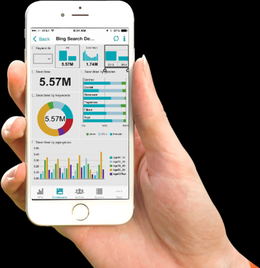Smart Phone 桌布 壁紙 — 一隻手拿著一部白色iPhone，在黑色背景上顯示Bing搜尋數據分析，包含色彩繽紛的圖表和圖形。