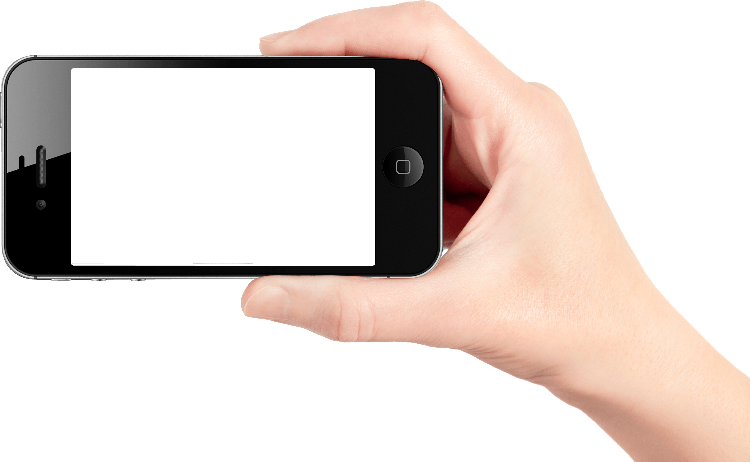 iPhone 桌布 壁紙 — 一隻手拿著一部黑色iPhone，螢幕空白，背景純黑。