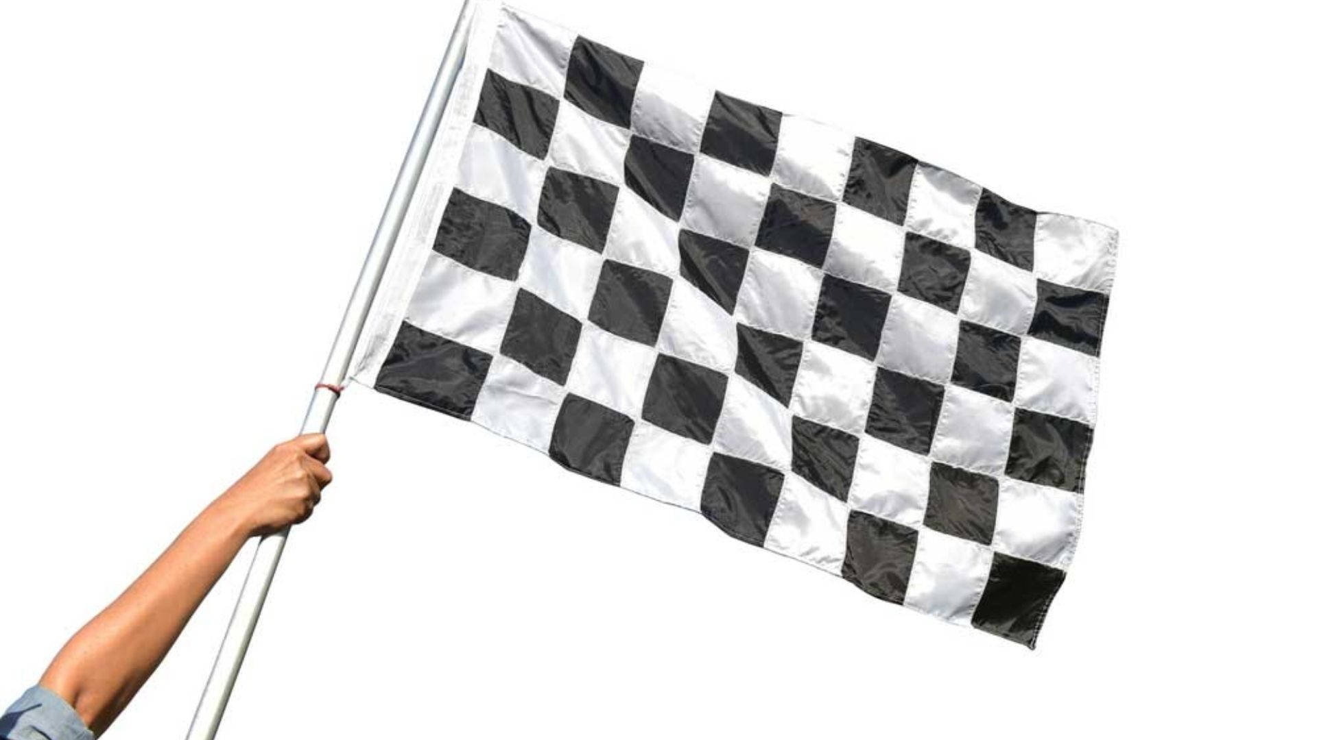 Checkered Flag 桌布 壁紙 — 一隻手拿著一面格子賽車旗，在純白背景上揮動。
