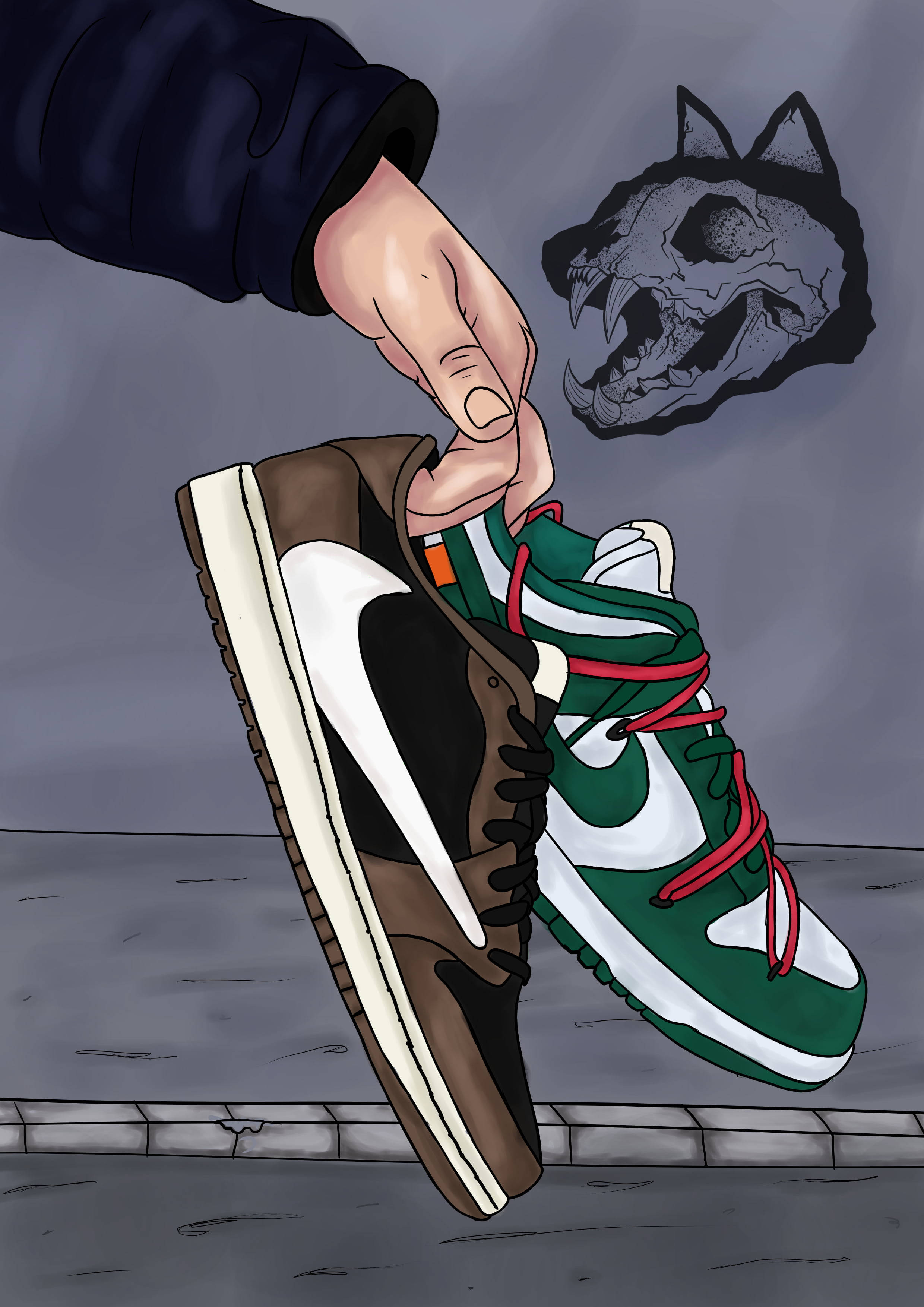 Nike 桌布 壁紙 — 一隻手拿著兩雙運動鞋，靠在灰色牆壁上，牆上有一個狼頭骨剪影。