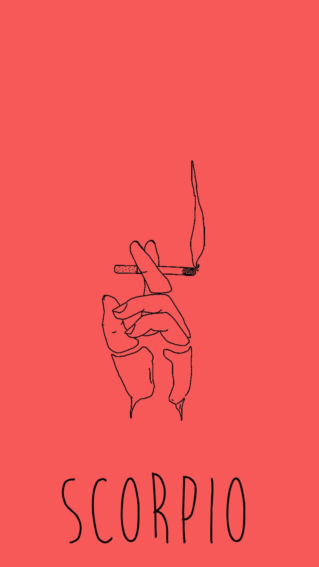 Scorpio 桌布 壁紙 — 一隻手拿著冒煙香煙的極簡線條畫，背景為純珊瑚色，下方有scorpion字樣。