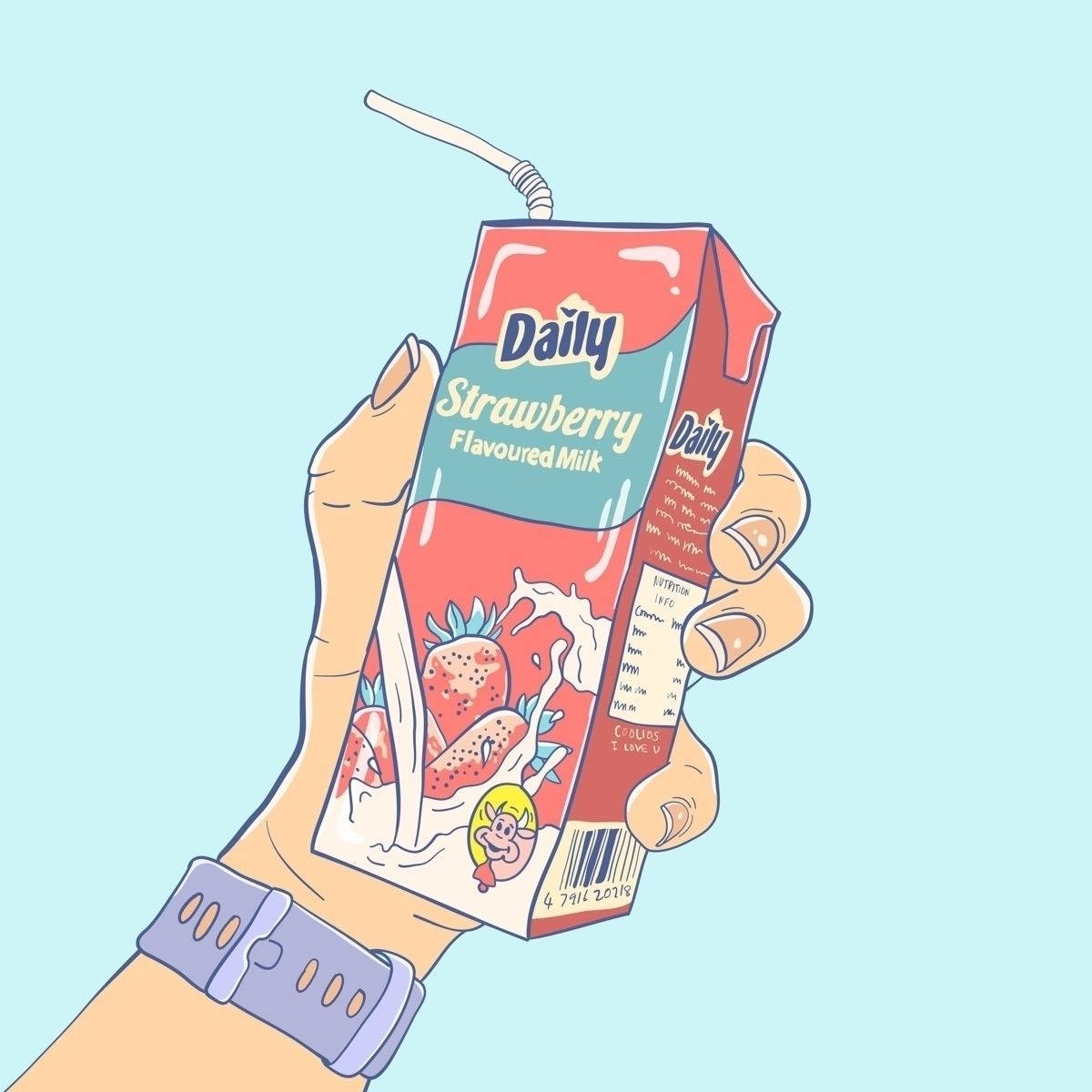 Strawberry Milk 桌布 壁紙 — 一隻手拿著帶有吸管的草莓味牛奶盒，背景是柔和的藍色。